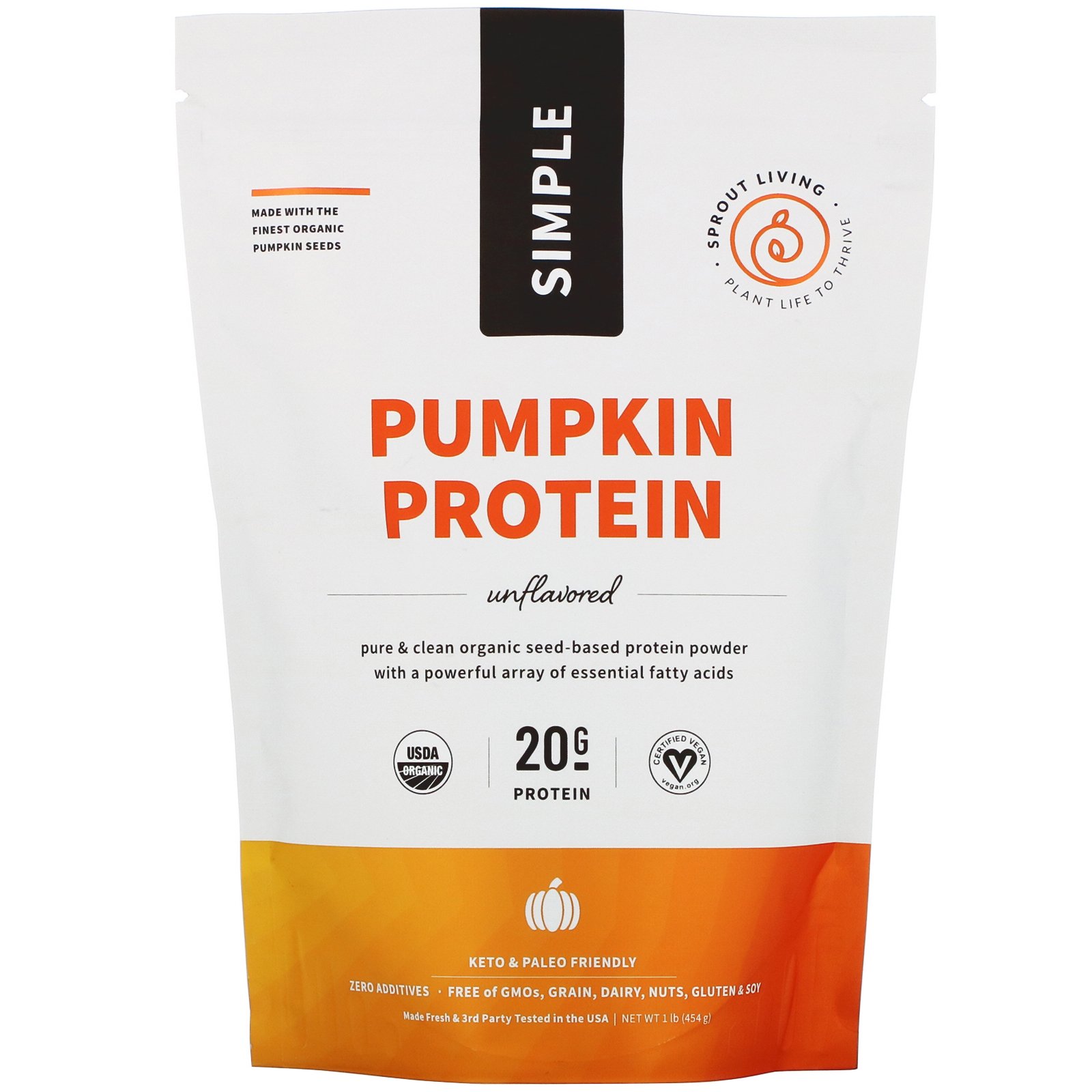 Sprout Living, Simple Protein, Proteína Vegetal Orgânica, Semente de Abóbora (Sem Sabor), 454 g (1 lb)