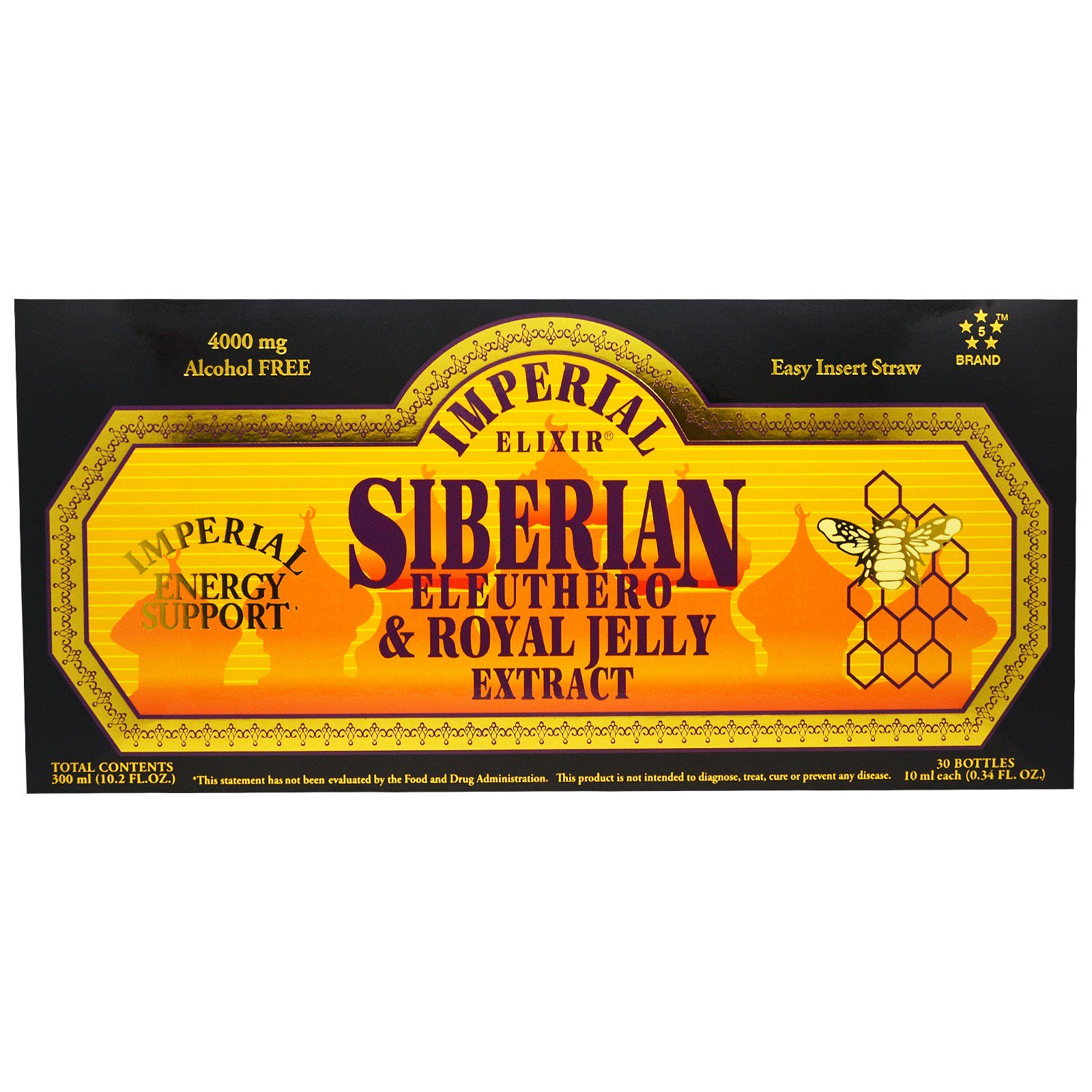 Imperial Elixir, Extrato de Ginseng Siberiano e Geleia-Real, Sem Álcool, 4000 mg, 30 Frascos, 10 ml (0,34 fl oz) Cada