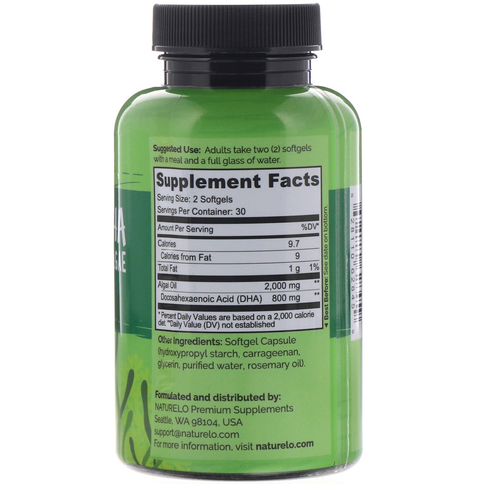 NATURELO, Vegan DHA, Ômega-3 de Algas, 800 mg, 60 Cápsulas Gelatinosas Veganas - Imagem 2