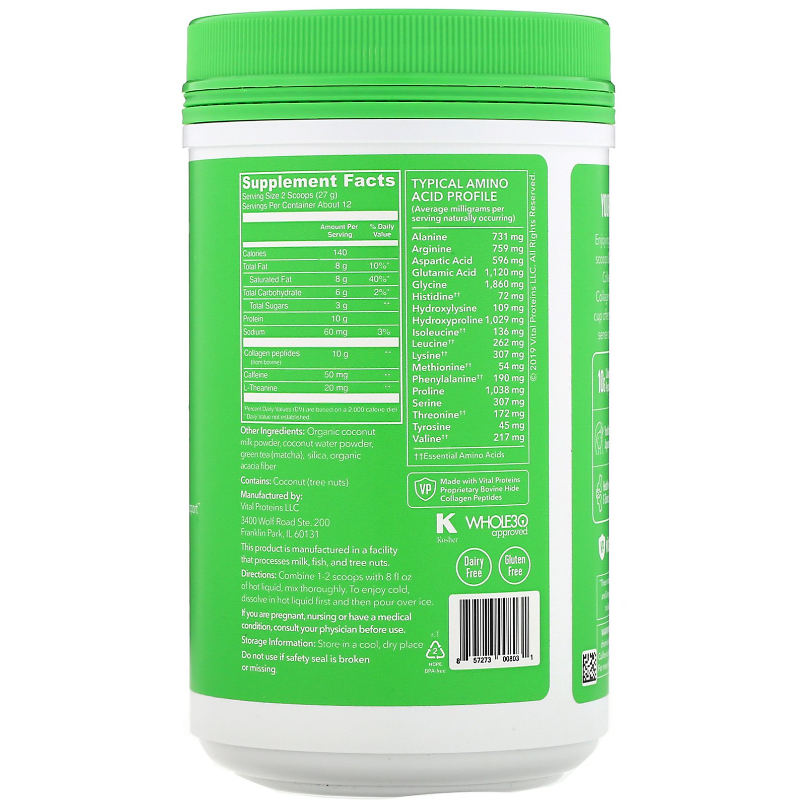 Vital Proteins, Latte de Colágeno e Matcha, Sem Sabor, 329 g (11,6 oz) - Imagem 2