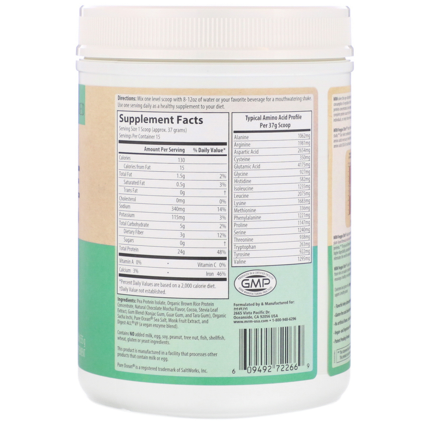 MRM, Smooth Veggie Elite Performance Protein, Chocolate Mocha, 19.6 oz (555 g) - Imagem 2