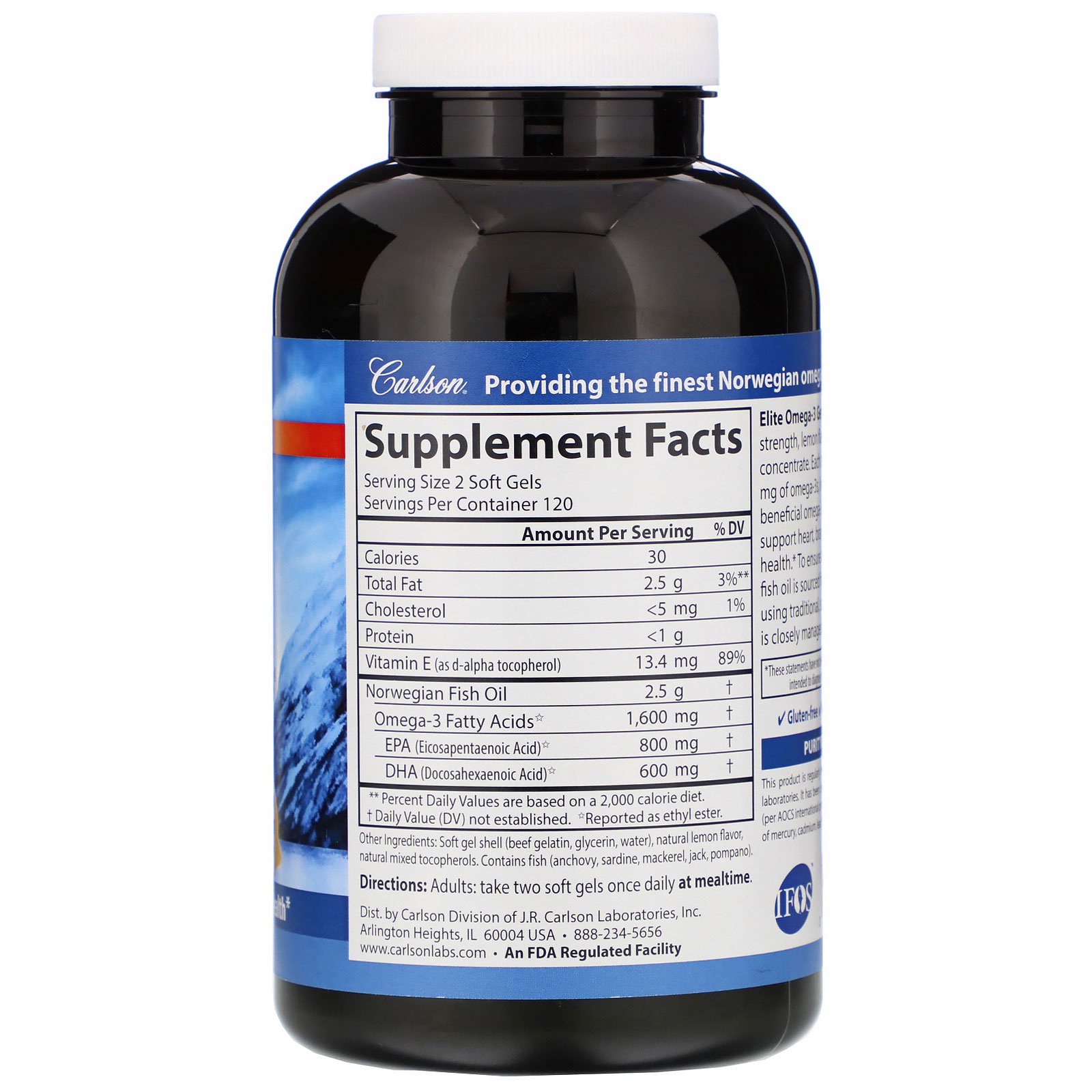 Carlson Labs, Elite Omega 3 Gems, Natural Lemon, 1,600 mg, 240 Soft Gels - Imagem 2