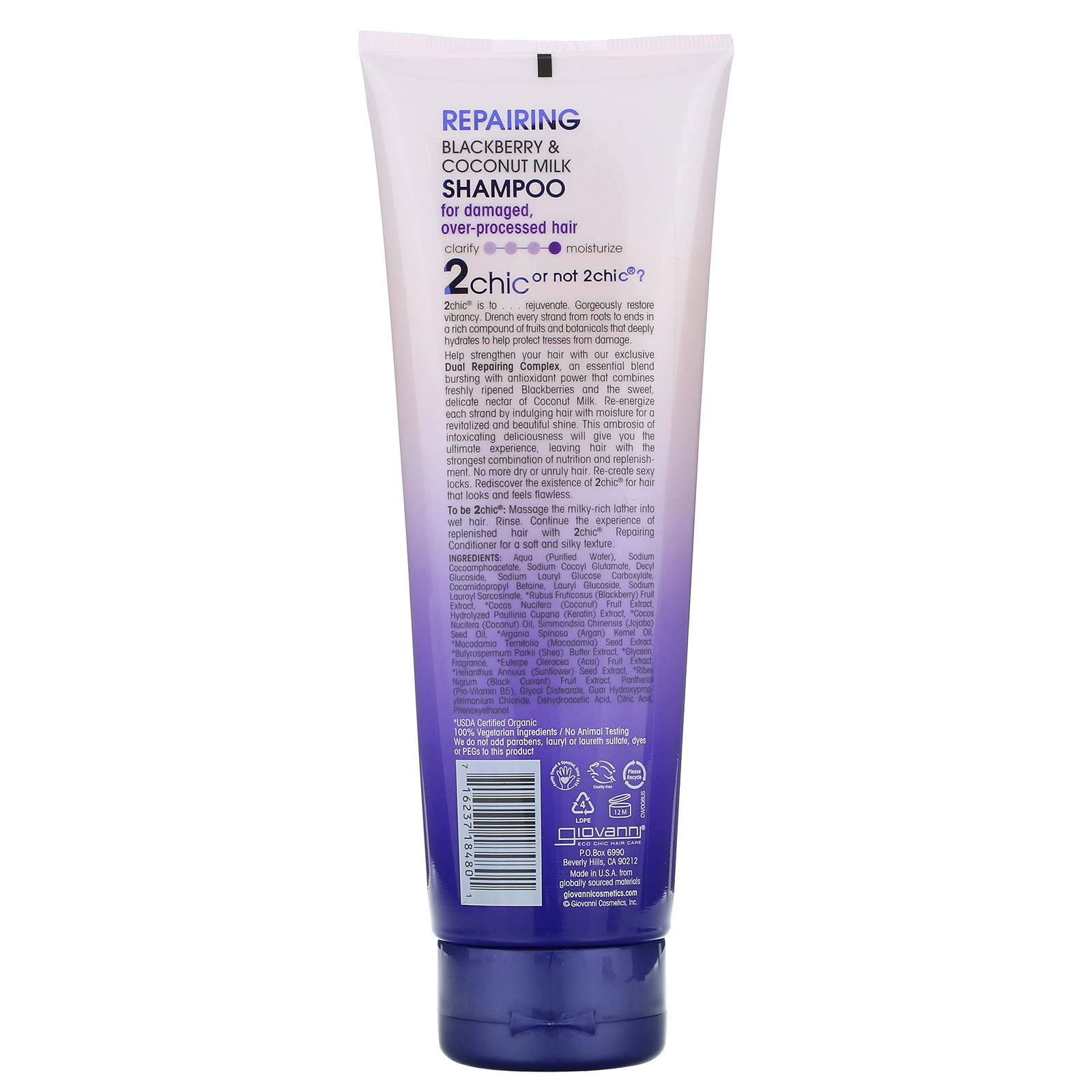 Giovanni, 2chic, Shampoo Reparador para Cabelos Danificados e Processados, Amora e Leite de Coco, frasco de 8,5 oz (250 ml) - Imagem 2