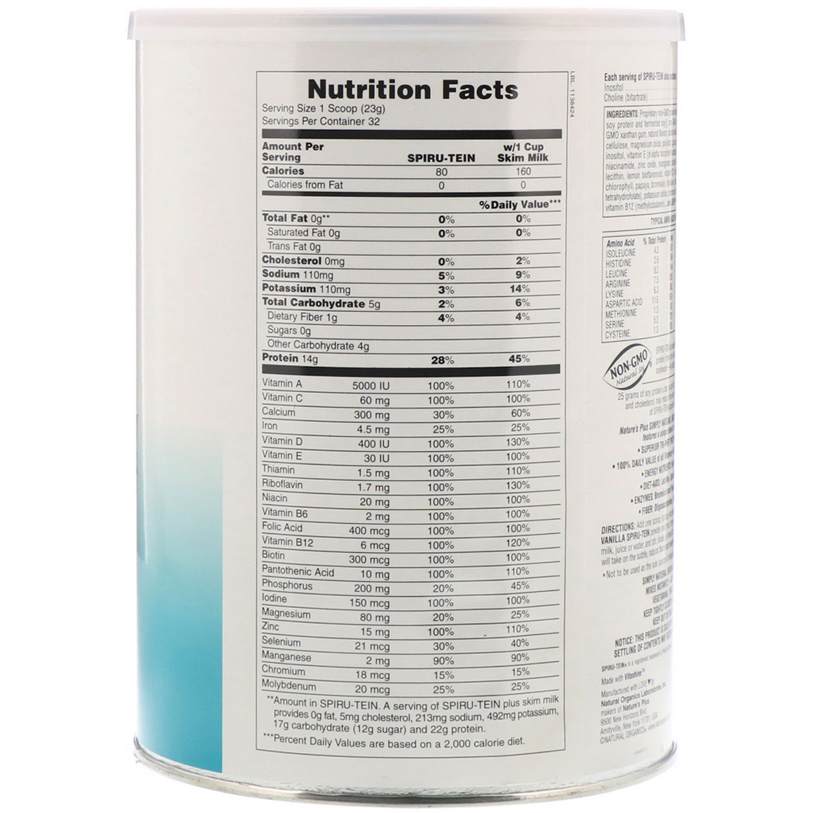 Nature's Plus, Spiru-Tein, Refeição Energética com alta teor de proteína, Baunilha simplesmente natural original, sem açúcar, 1,63 lbs (740 g) - Imagem 2