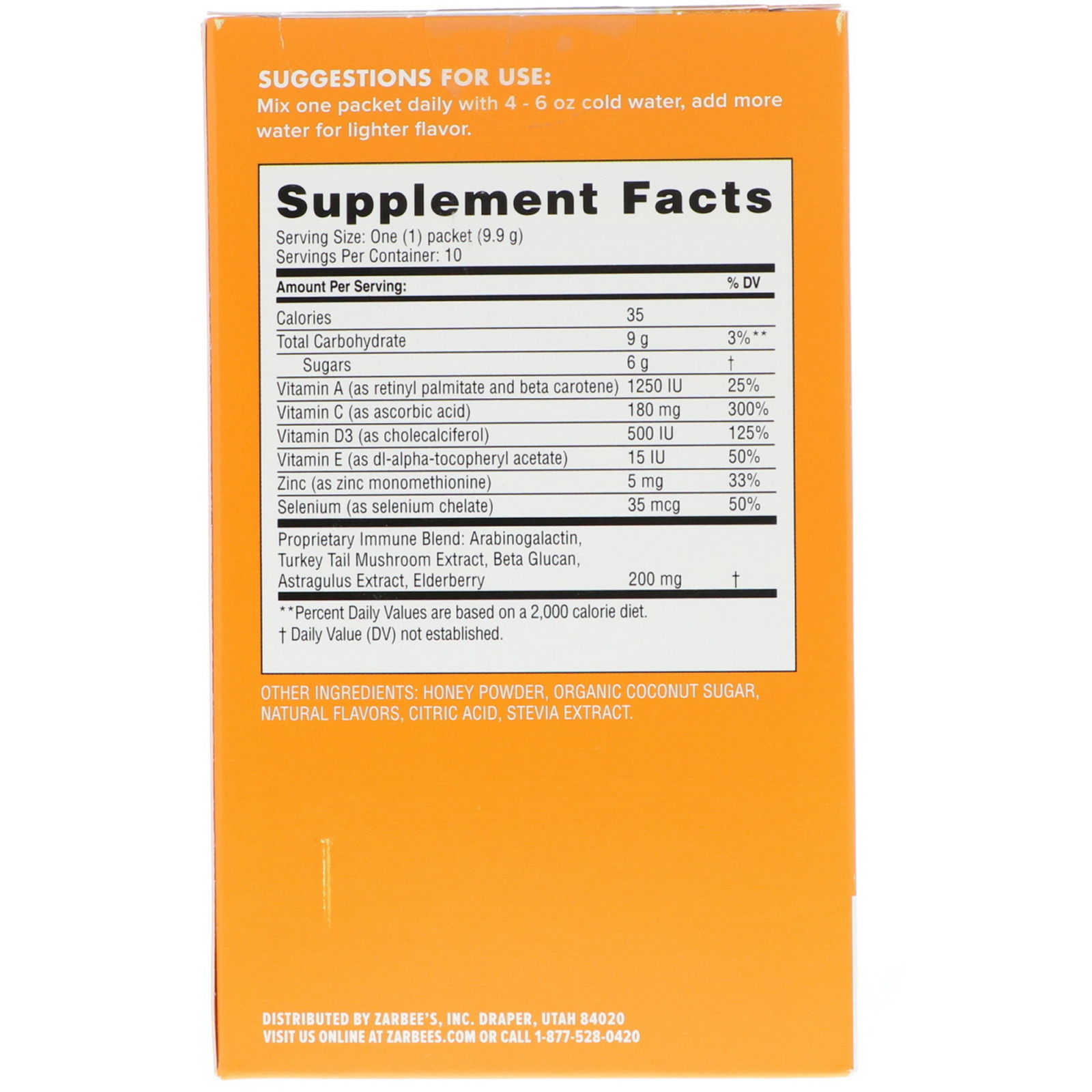 Zarbee's, Mistura para Bebida de Suporte Imunológico com Vitamina C, Sabor Natural de Laranja, 10 Sachês, 99 g (3,5 oz) - Imagem 2