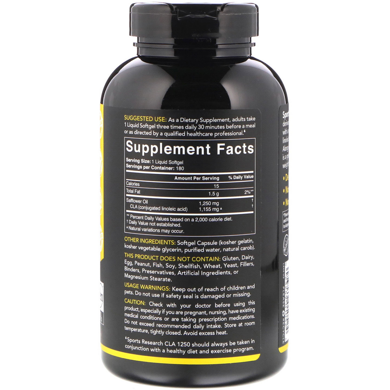 Sports Research, CLA 1250, Max Potency, 1,250 mg, 180 Softgels - Imagem 2