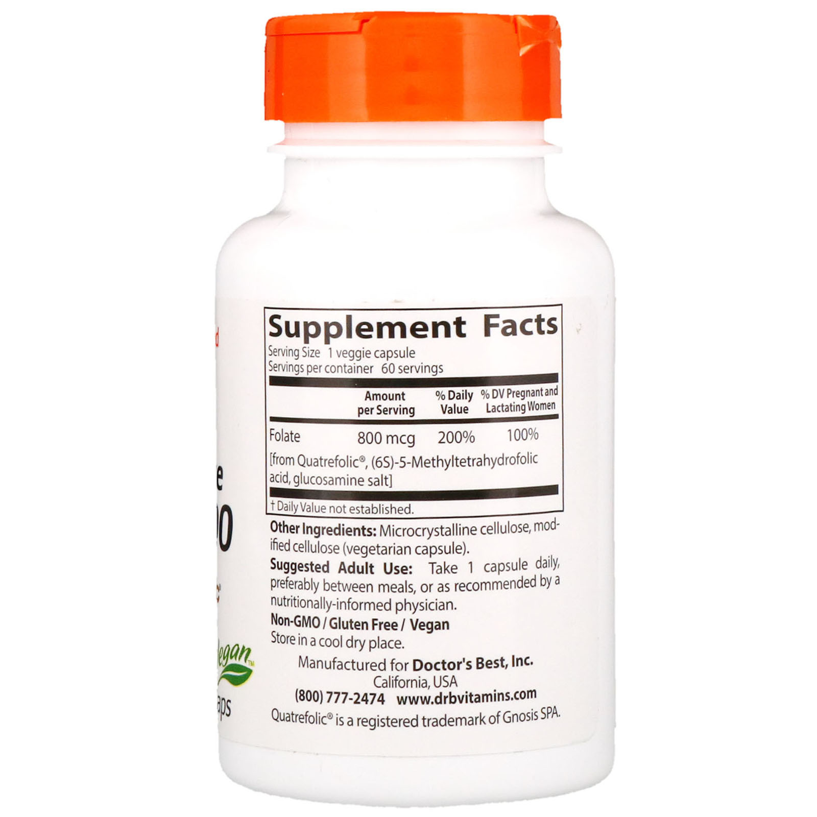 Doctor's Best, Folato Totalmente Ativo 800, 800 mcg, 60 Cápsulas Vegetais - Imagem 2