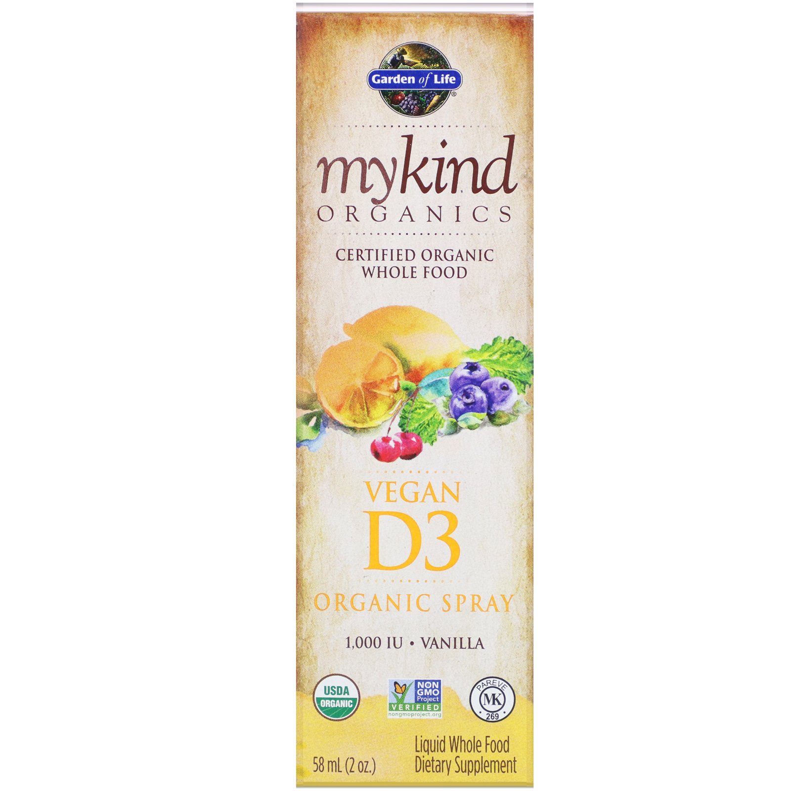 Garden of Life, MyKind Organics, Spray Orgânico de Vitamina D3 Vegana, Baunilha, 1.000 UI, 58 ml (2 oz)