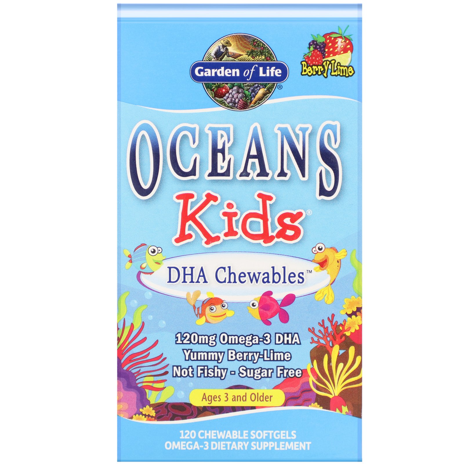 Garden of Life, Oceans Kids, DHA Chewables, Age 3 and Older, Yummy Berry Lime, 120 mg, 120 Chewable Softgels