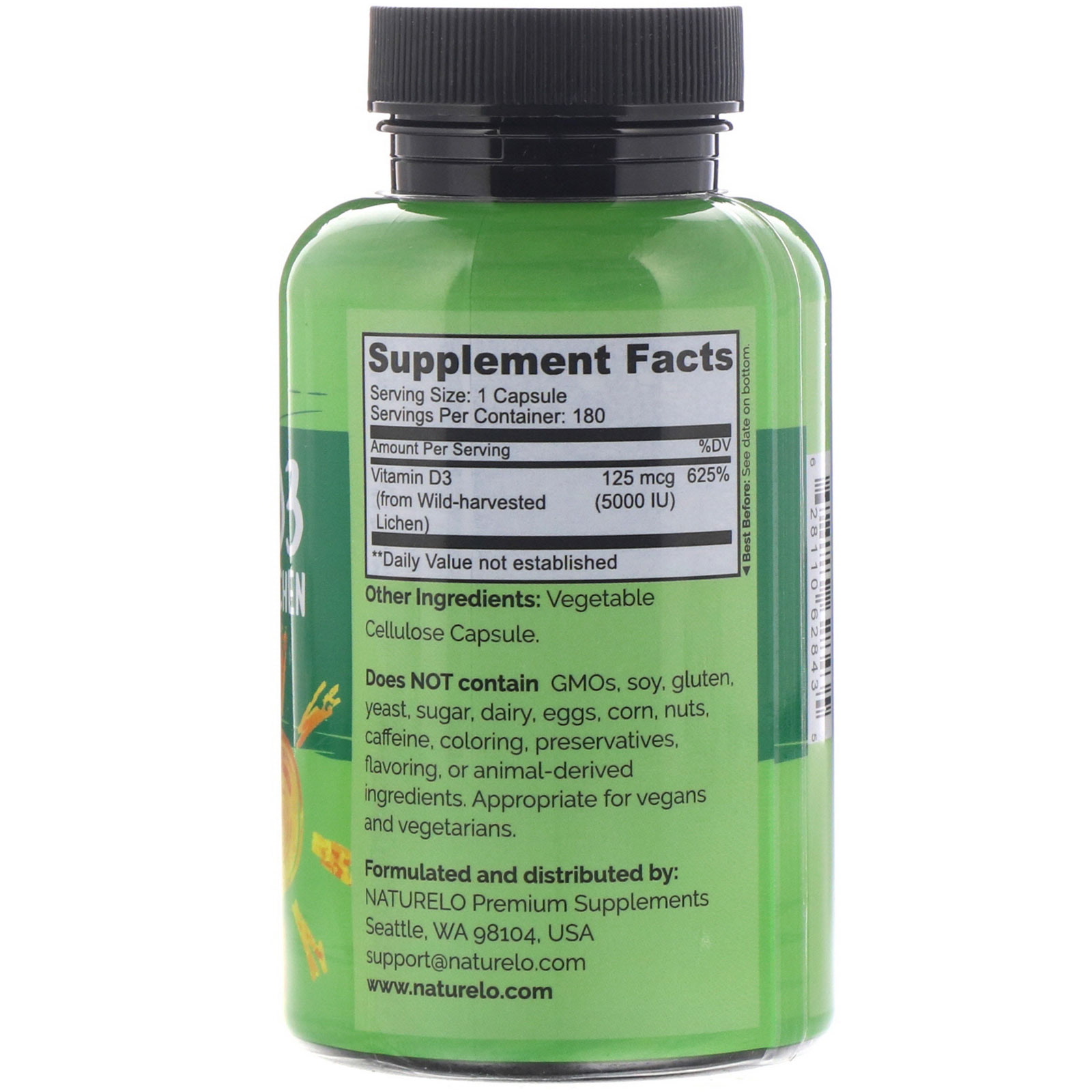 NATURELO, Vitamina D3, à Base de Plantas, 5.000 UI/125 mcg, 180 Cápsulas de Fácil Ingestão - Imagem 2