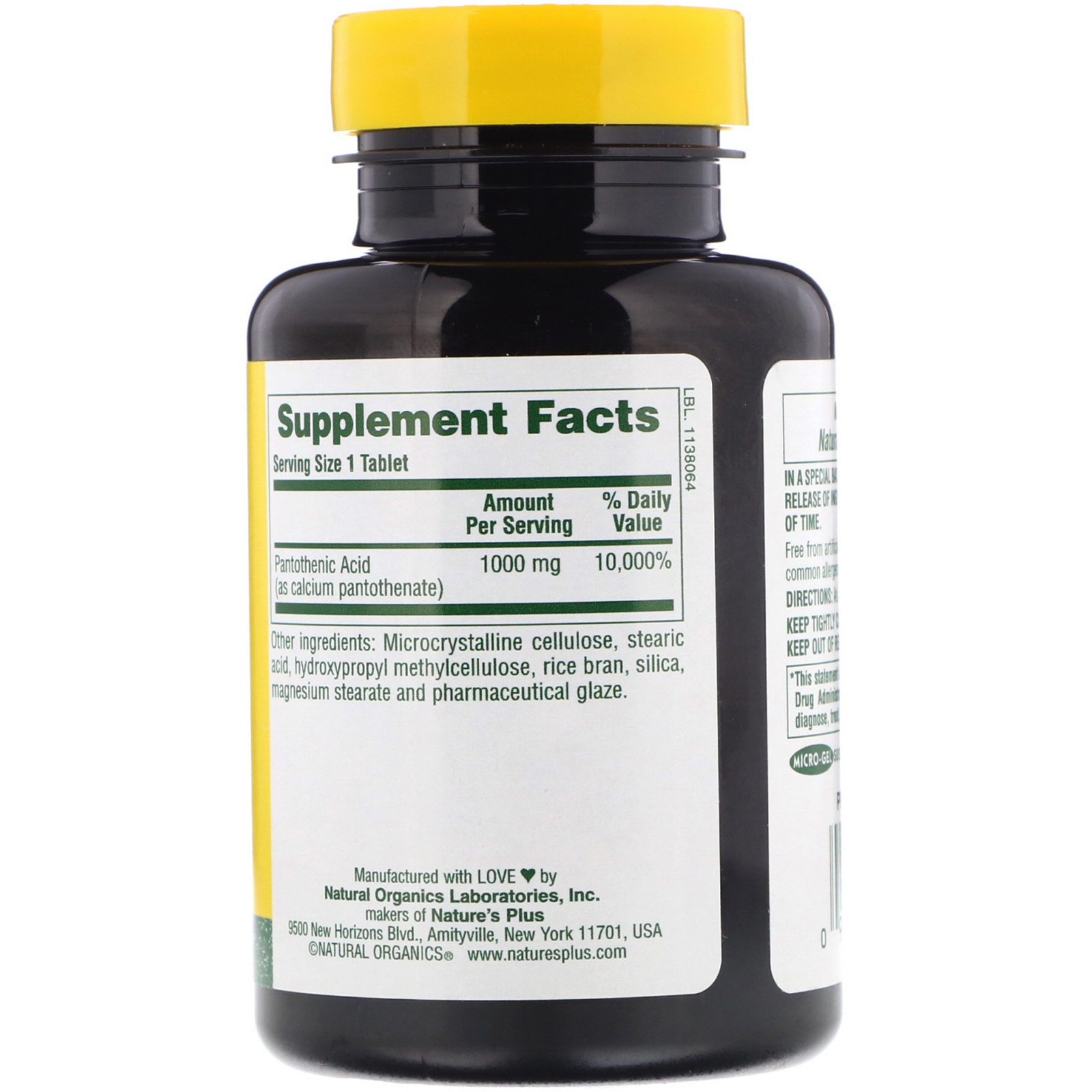 Nature's Plus, Ácido Pantotênico, 1000 mg, 60 Comprimidos - Imagem 2