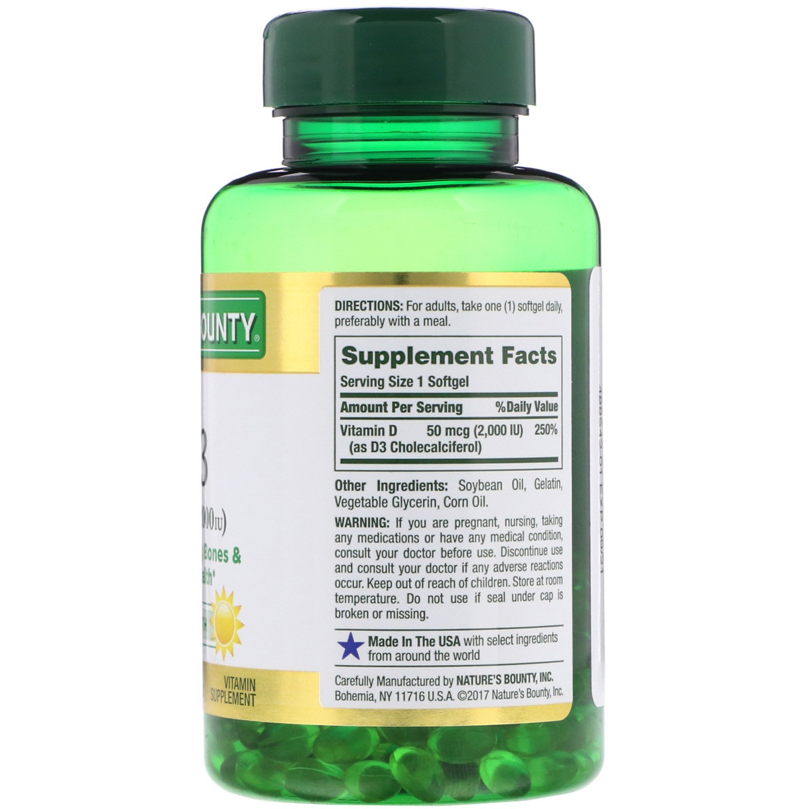Nature's Bounty, D3, 50 mcg (2000 IU), 240 Rapid Release Softgels - Imagem 2