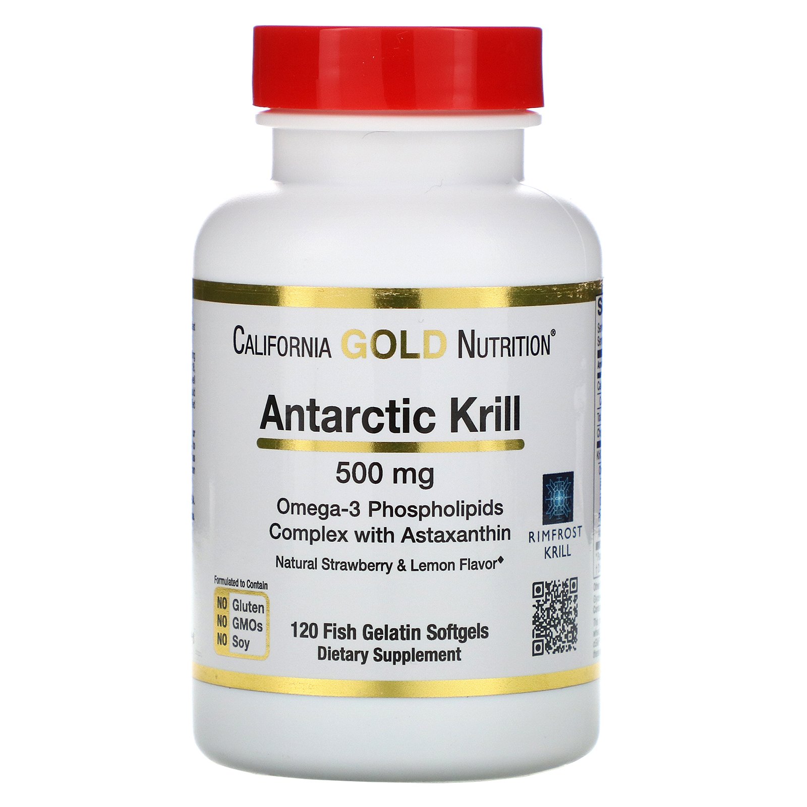 California Gold Nutrition, Óleo de Krill do Antártico, com Astaxantina, RIMFROST, Sabores Naturais de Morango e Limão, 500 mg, 120 Cápsulas Gelatinosas de Peixe