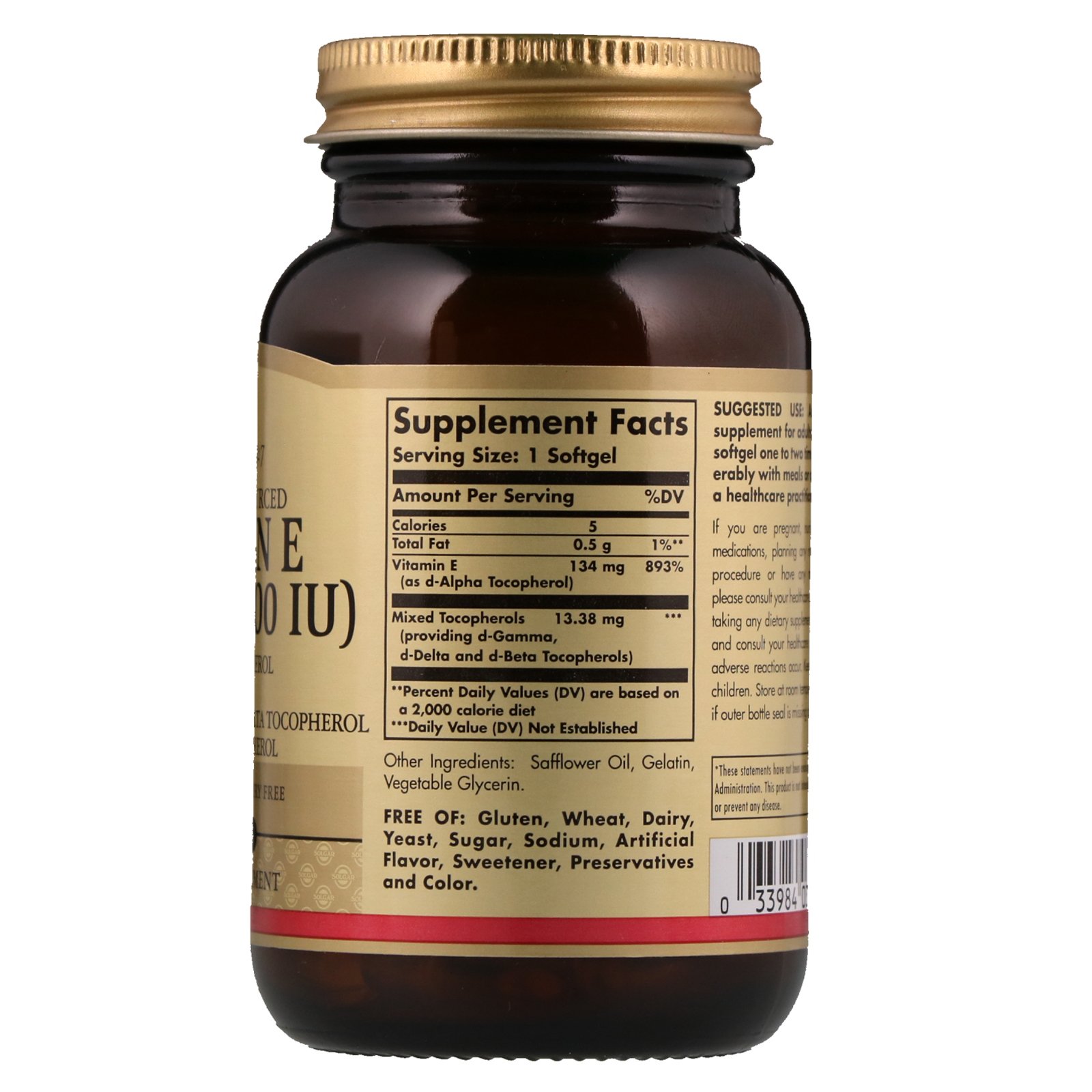 Solgar, Vitamina E de Origem Natural, 134 mg (200 UI), 100 Cápsulas Softgel - Imagem 2