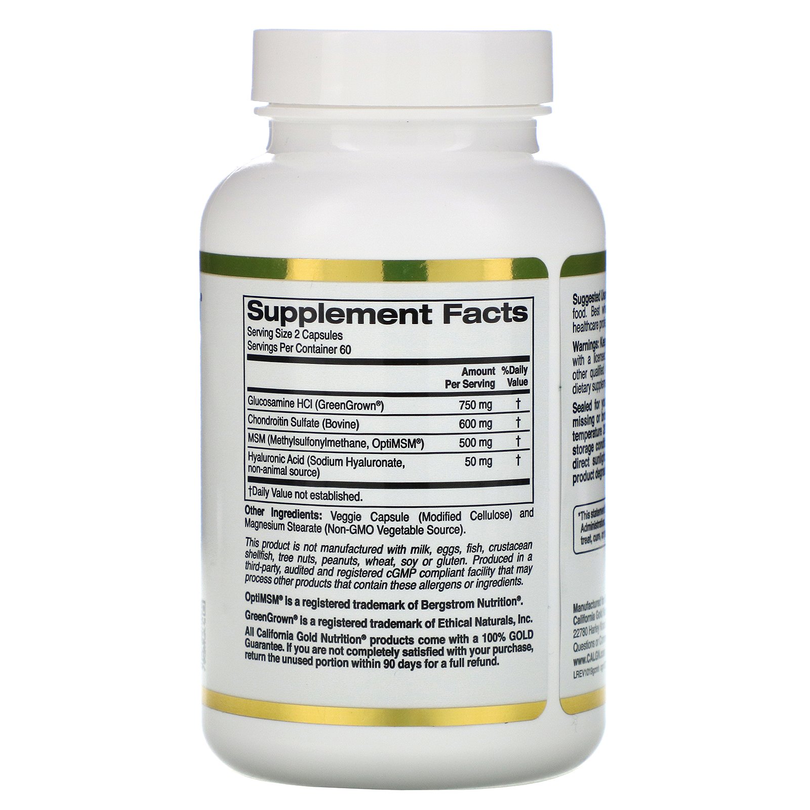 California Gold Nutrition, Glucosamina, Condroitina, MSM mais Ácido Hialurônico, 120 Cápsulas Vegetais - Imagem 2