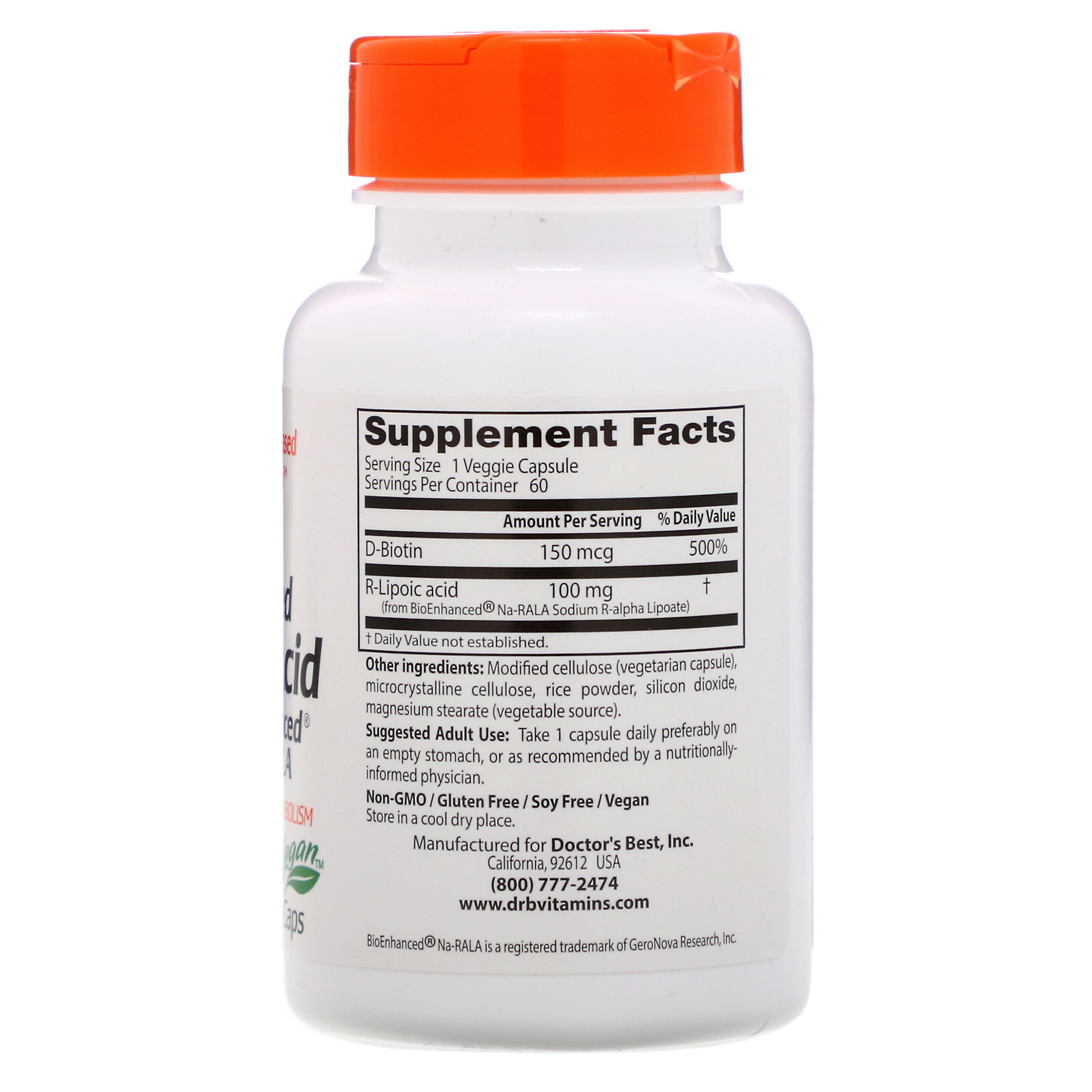 Doctor's Best, Ácido R-Lipoico Estabilizado com Na-RALA Bioenriquecido, 100 mg, 60 Cápsulas Vegetais - Imagem 2