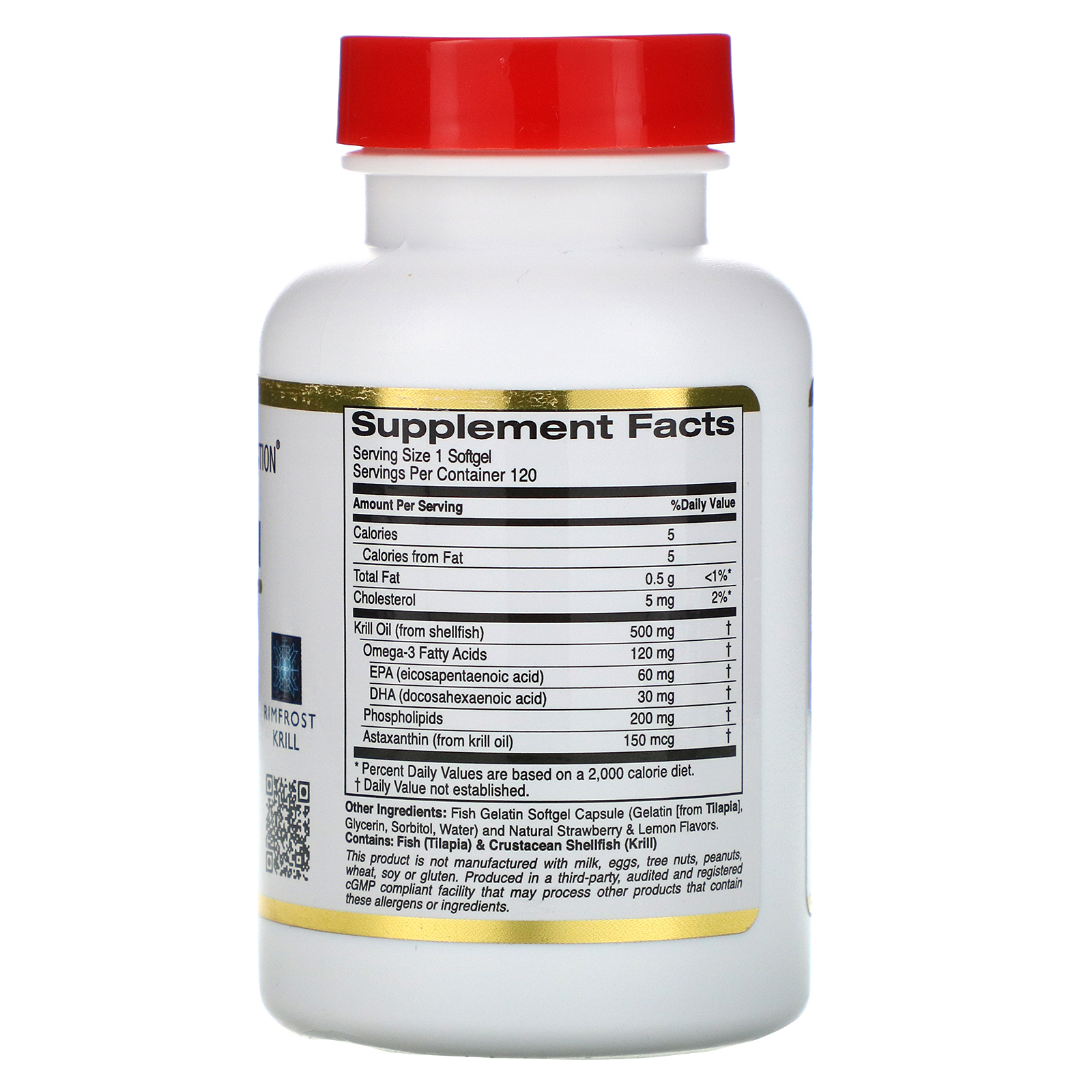 California Gold Nutrition, Óleo de Krill do Antártico, com Astaxantina, RIMFROST, Sabores Naturais de Morango e Limão, 500 mg, 120 Cápsulas Gelatinosas de Peixe - Imagem 2