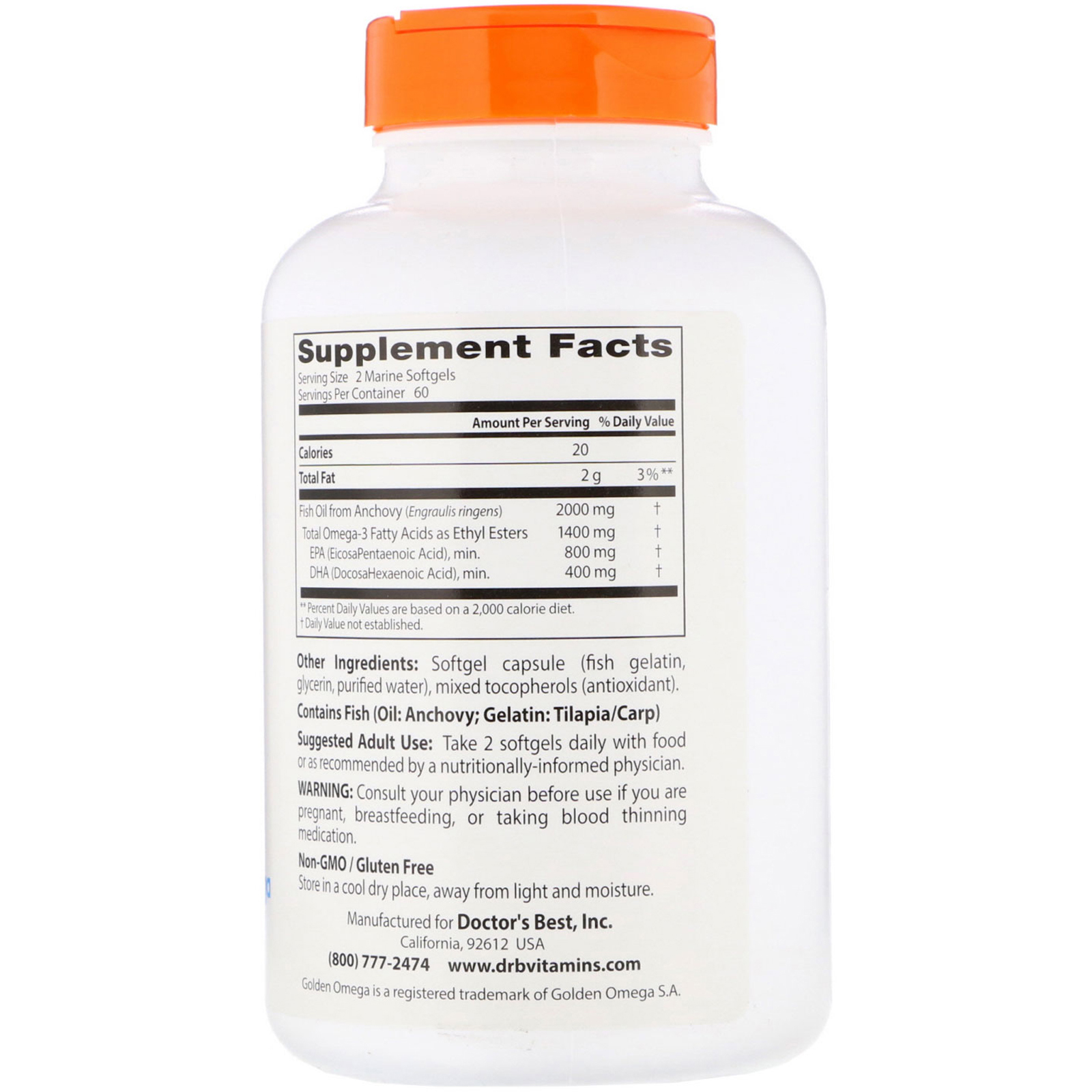 Doctor's Best, Óleo de Peixe Ômega-3 Purified & Clear com Goldenomega, 1.000 mg, 120 Cápsulas Softgel Marinhas - Imagem 2