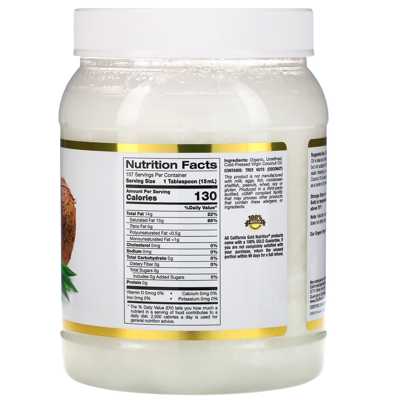 California Gold Nutrition, Óleo de Coco Orgânico Virgem Prensado a Frio, 1,6 L (54 fl oz) - Imagem 2
