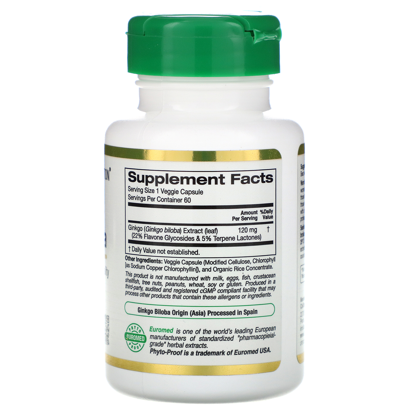 California Gold Nutrition, Extrato de Ginkgo Biloba, EuroHerbs, Qualidade Européia, 120 mg, 60 Cápsulas Vegetais - Imagem 2