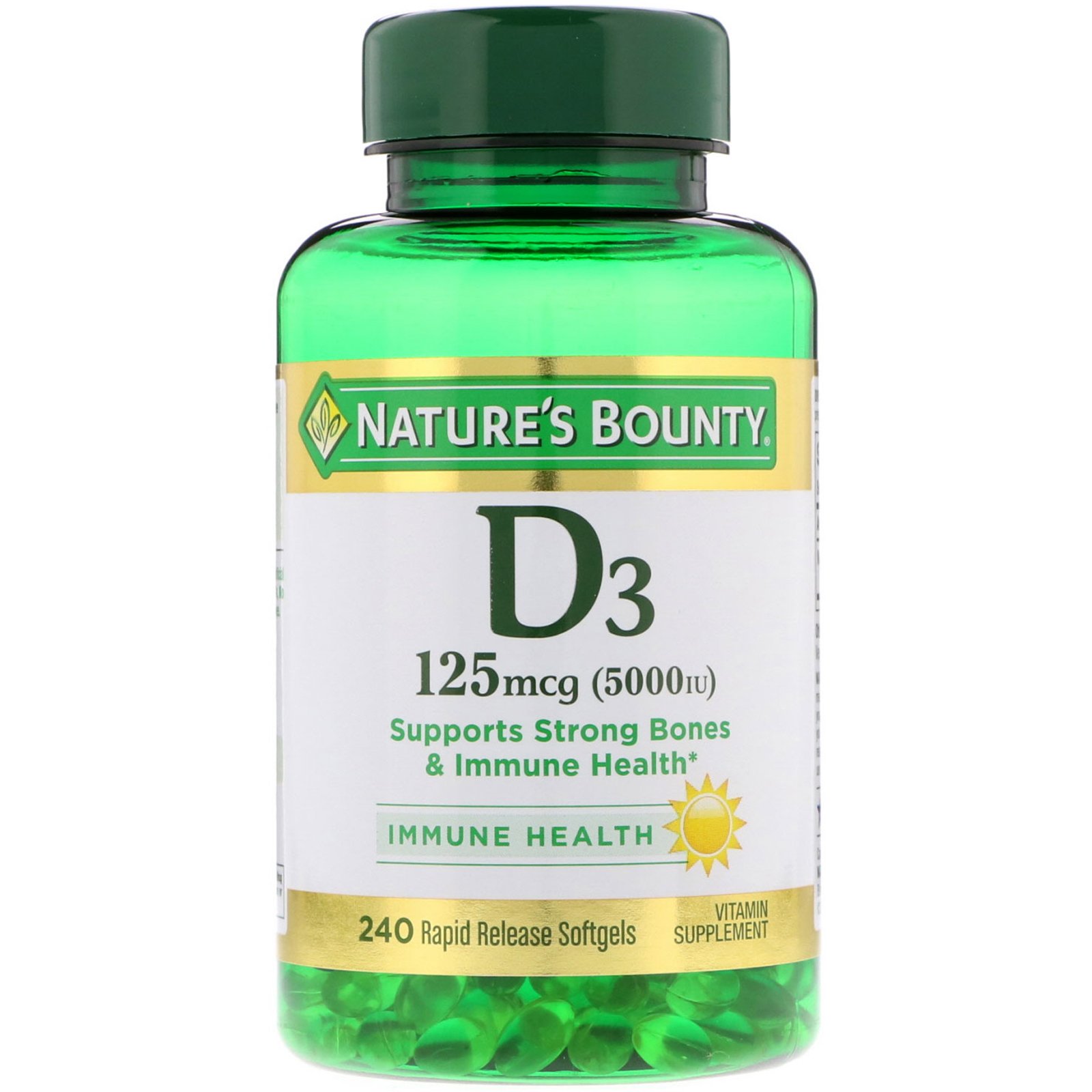 Nature's Bounty, D3, 125 mcg (5.000 UI), 240 Cápsulas Softgel de Liberação Rápida