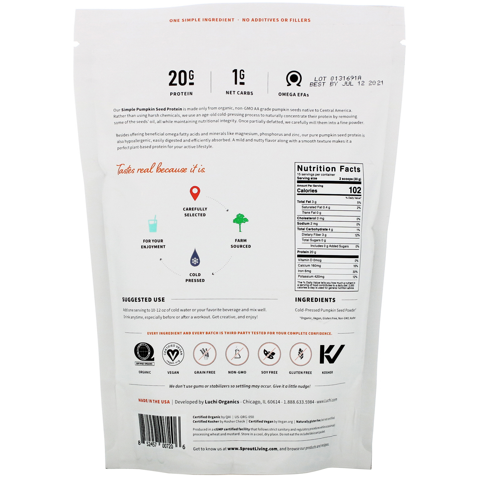 Sprout Living, Simple Protein, Proteína Vegetal Orgânica, Semente de Abóbora (Sem Sabor), 454 g (1 lb) - Imagem 2