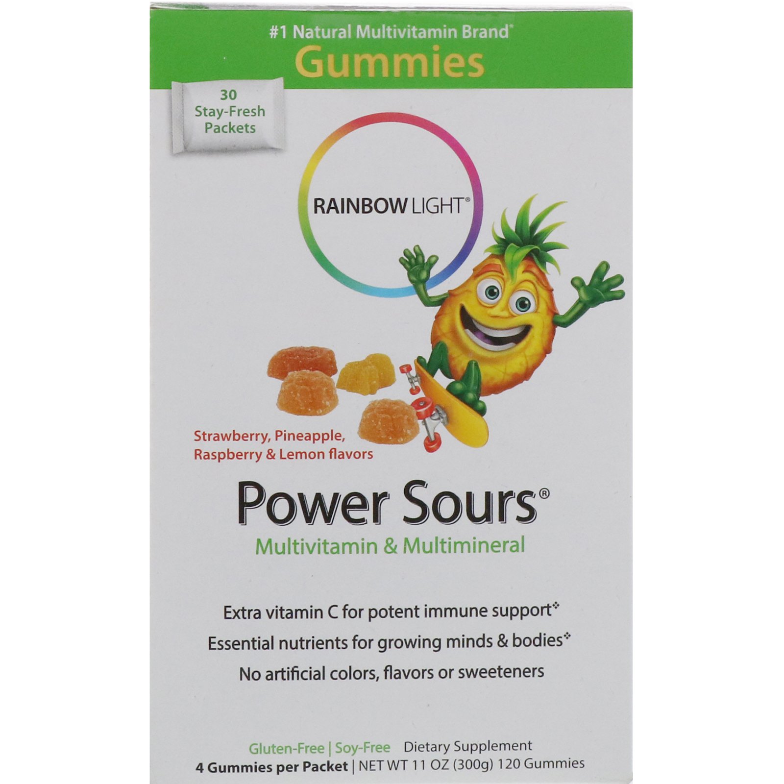 Rainbow Light, Balas Power Sours, Multivitamínico e Multimineral, Sabor Morango, Abacaxi, Framboesa e Limão, 30 Pacotes, (4 Balas) Cada