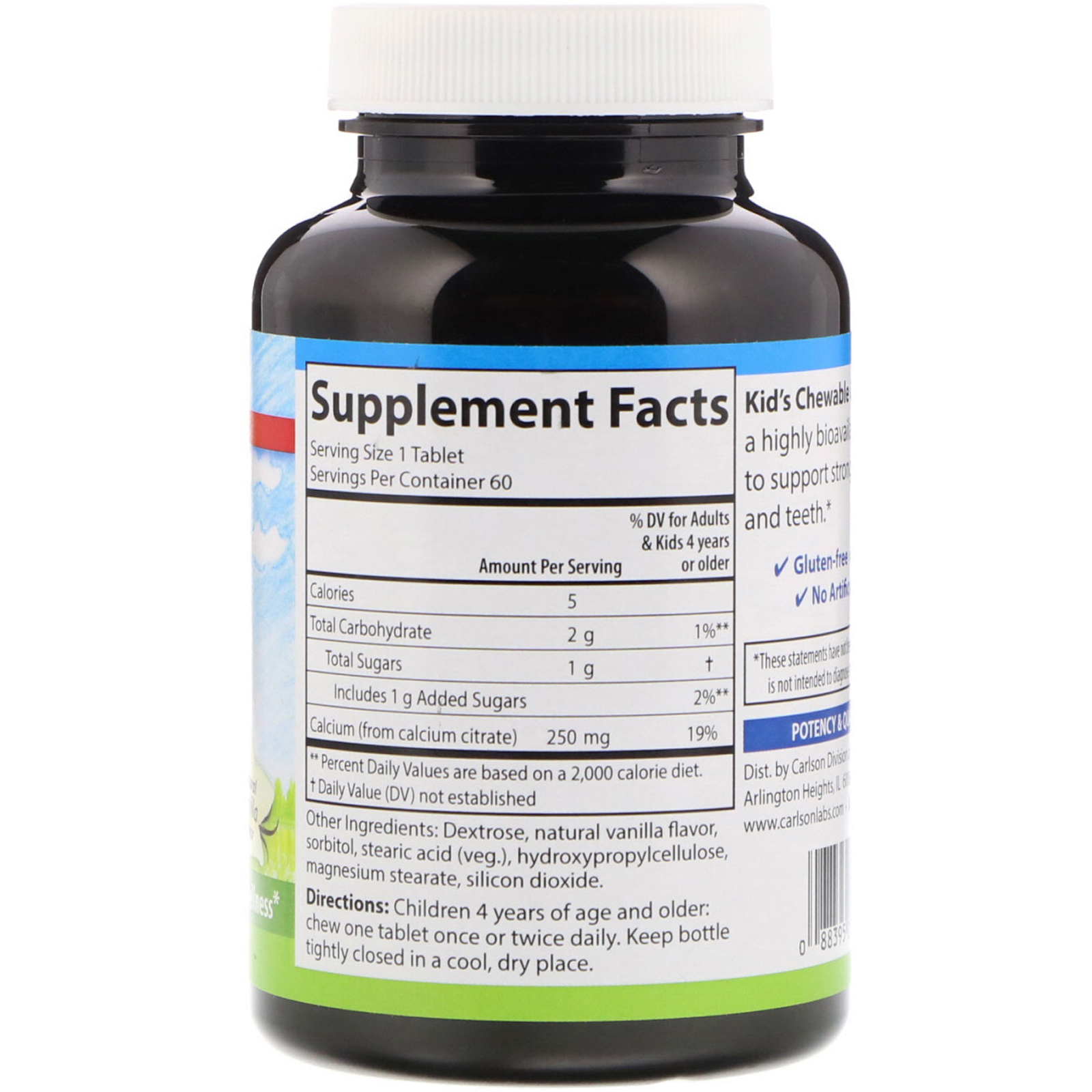 Carlson Labs, Kid's, Chewable Calcium, Natural Vanilla Flavor, 250 mg, 60 Tablets - Imagem 2
