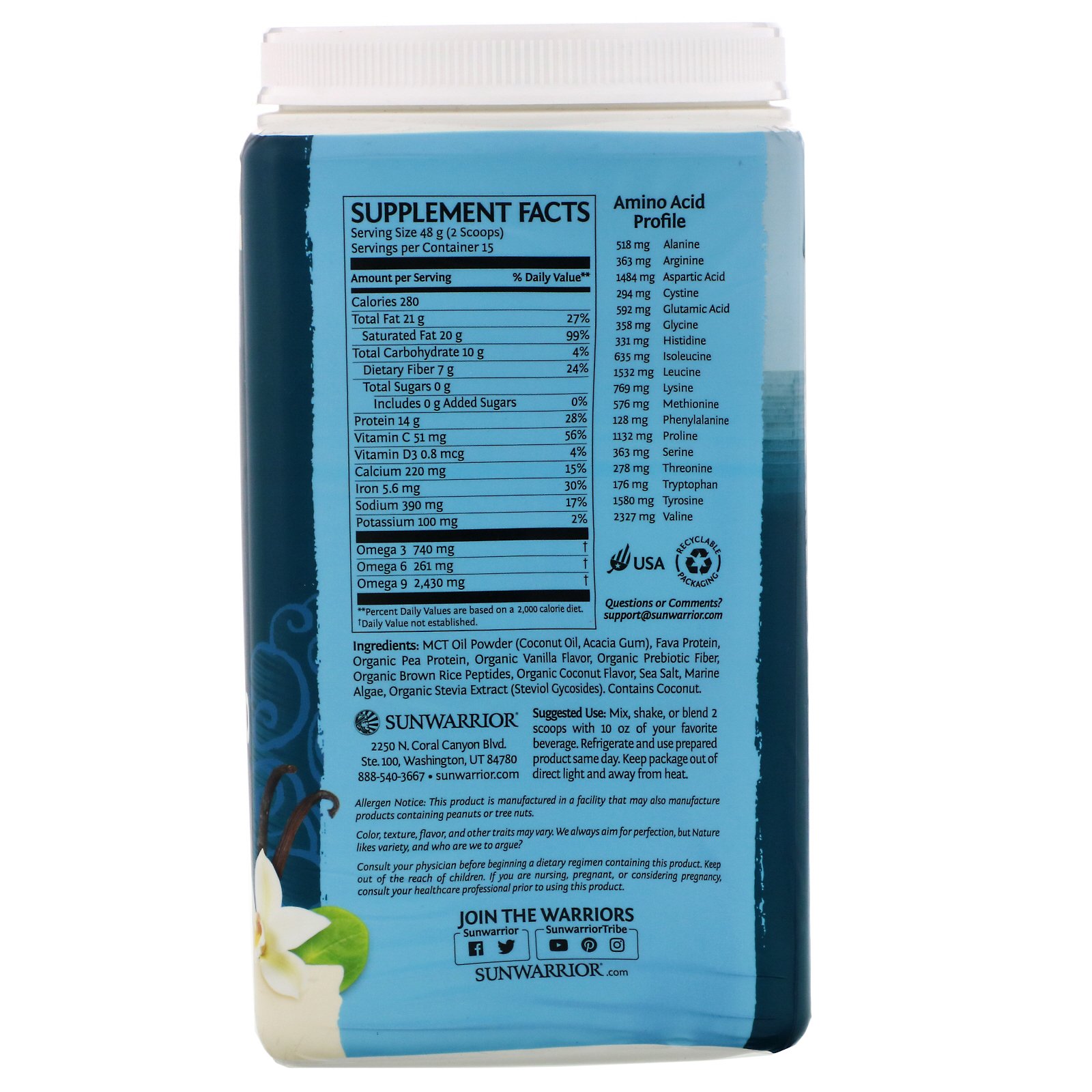 Sunwarrior, Plant-Based Clean Keto, Tropical Vanilla, 1.59 lb (720 g) - Imagem 2
