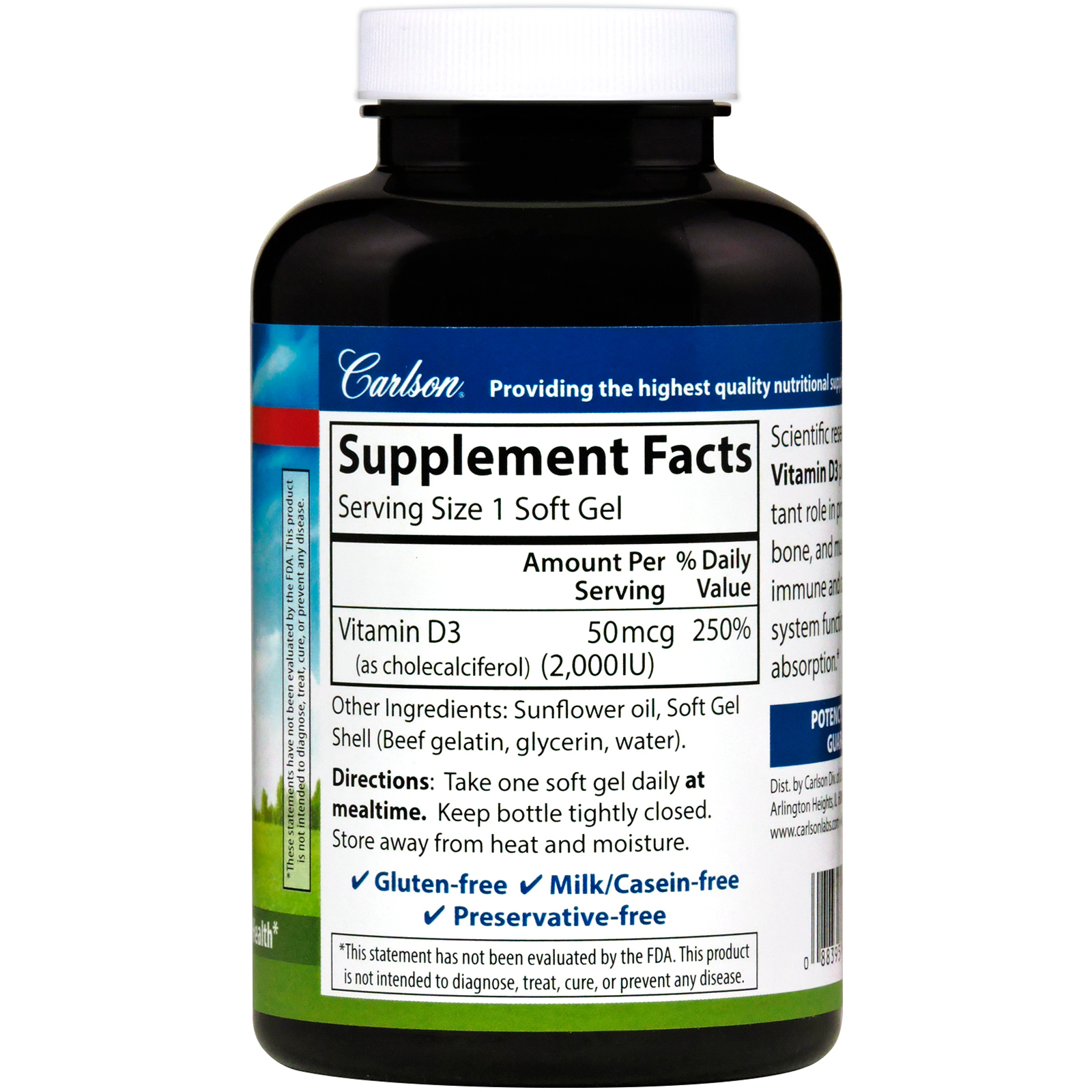 Carlson Labs, Vitamina D3, 2.000 UI (50 mcg), 360 Cápsulas Gelatinosas - Imagem 2
