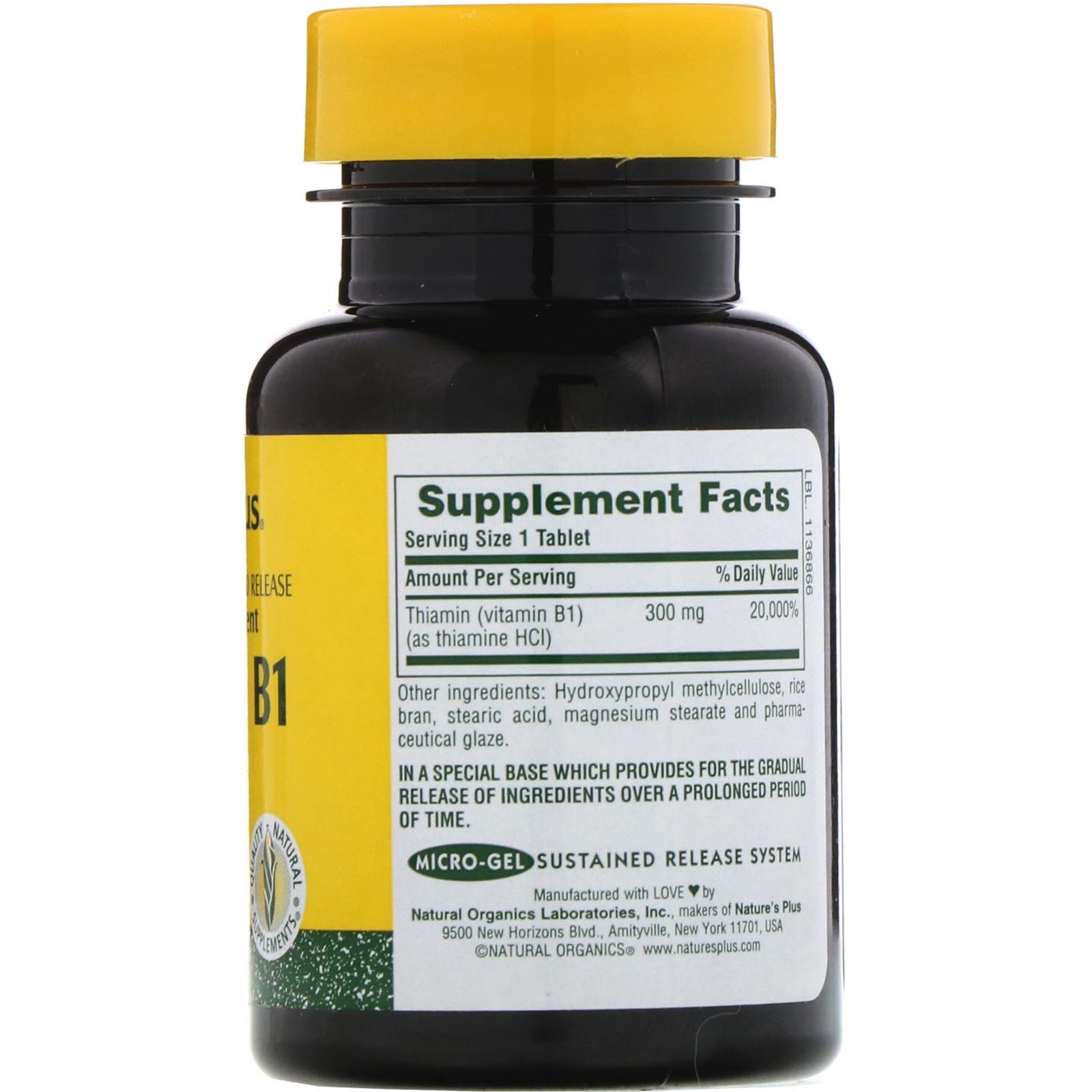 Nature's Plus, Vitamina B-1, 300 mg, 90 comprimidos - Imagem 2