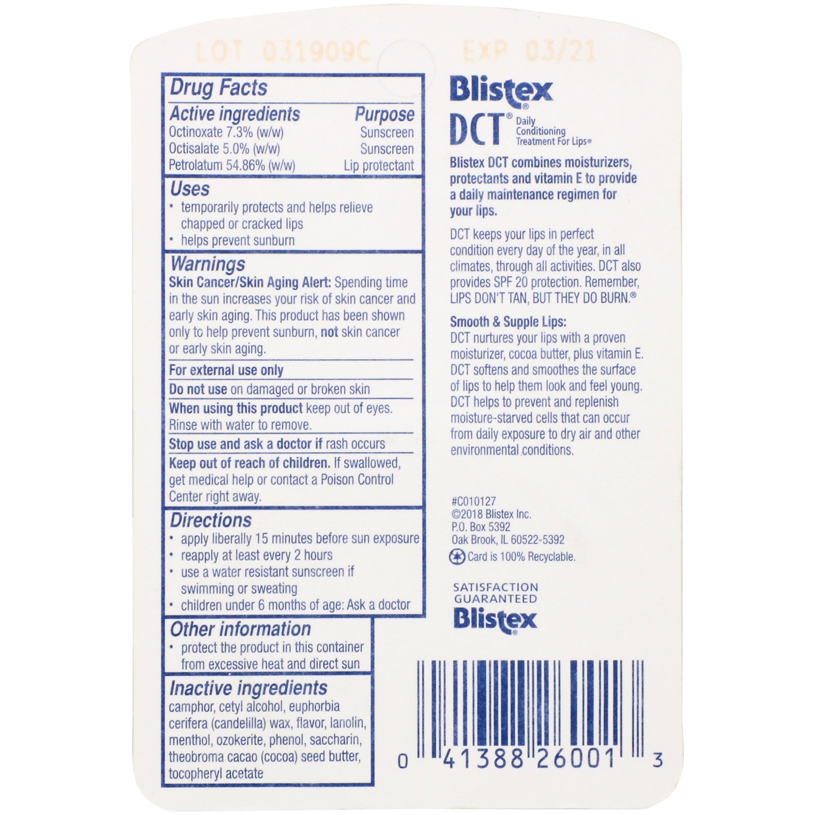 Blistex, DCT (Tratamento de Condicionamento Diário) para Lábios, FPS 20, 0,25 oz (7,08 g) - Imagem 3