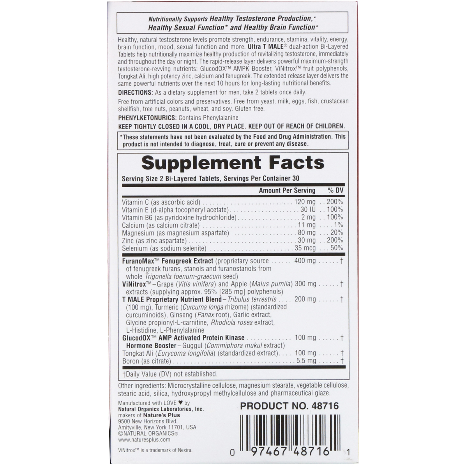Nature's Plus, T-Macho Ultra, Impulsionador de Testosterona para Homens, Força Máxima, 60 Tabletes Bi-Camadas - Imagem 2