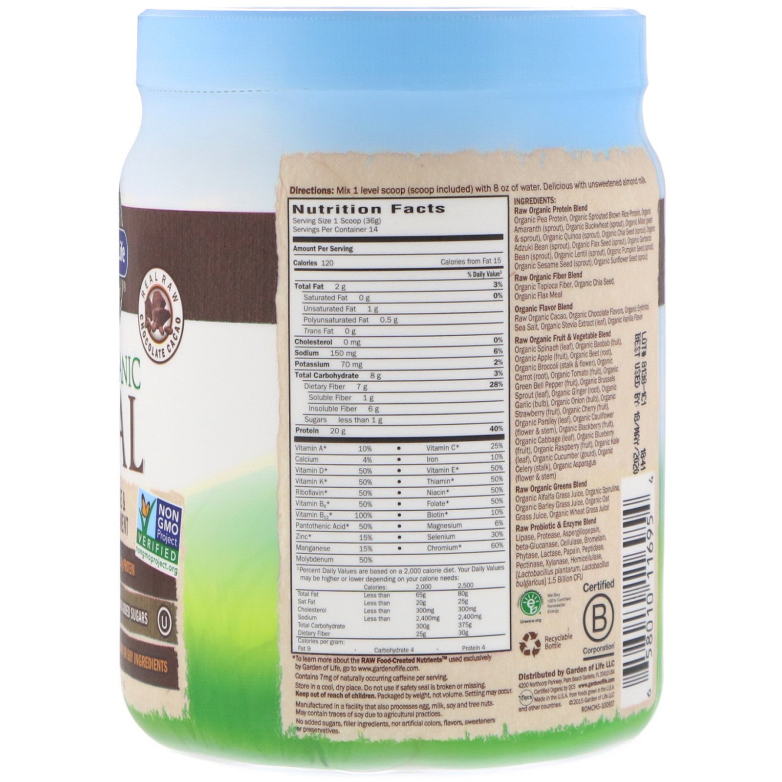 Garden of Life, RAW Organic Meal, Shake & Meal Replacement, Chocolate Cacao, 17.9 oz (509 g) - Imagem 2