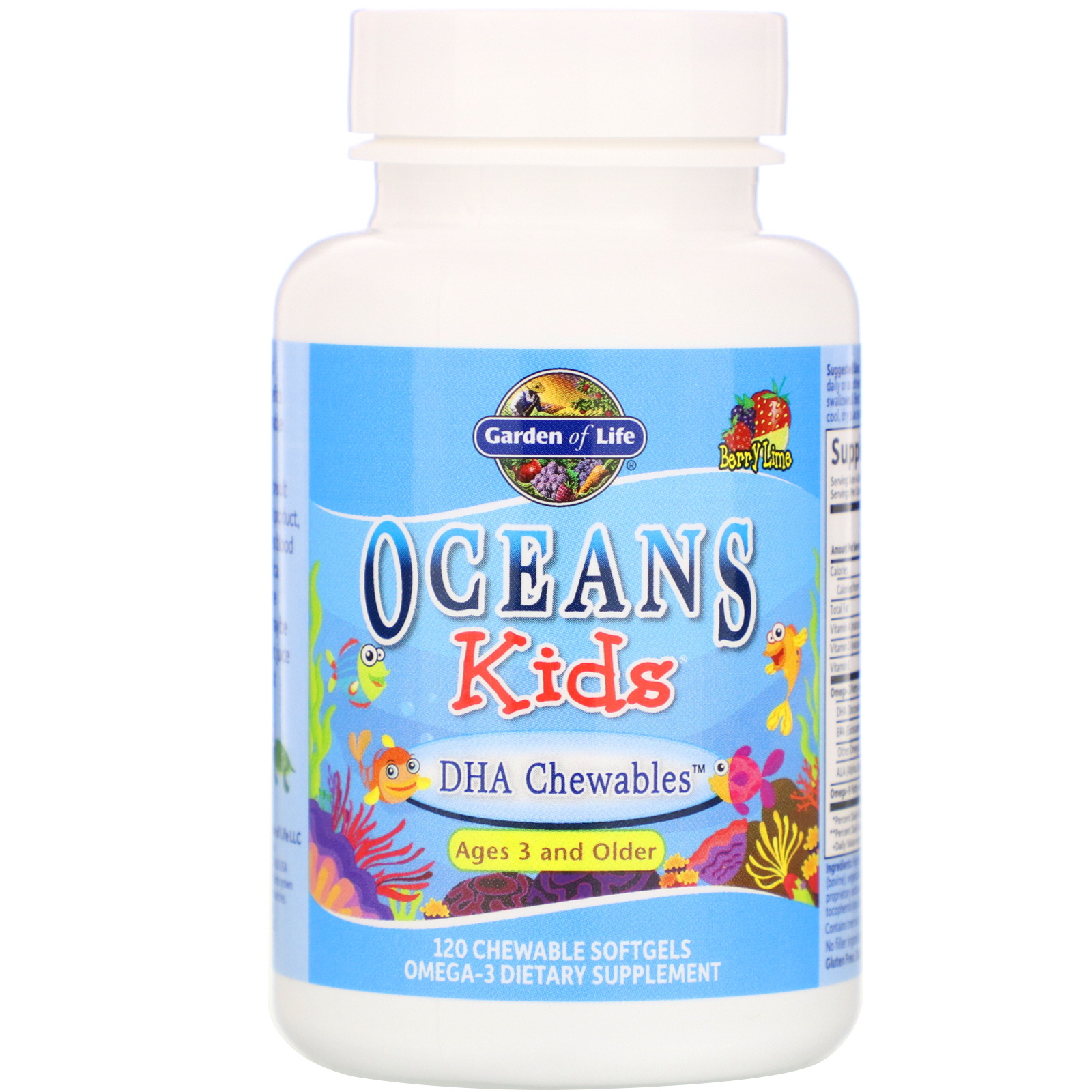 Garden of Life, Oceans Kids, DHA Chewables, Age 3 and Older, Yummy Berry Lime, 120 mg, 120 Chewable Softgels - Imagem 3