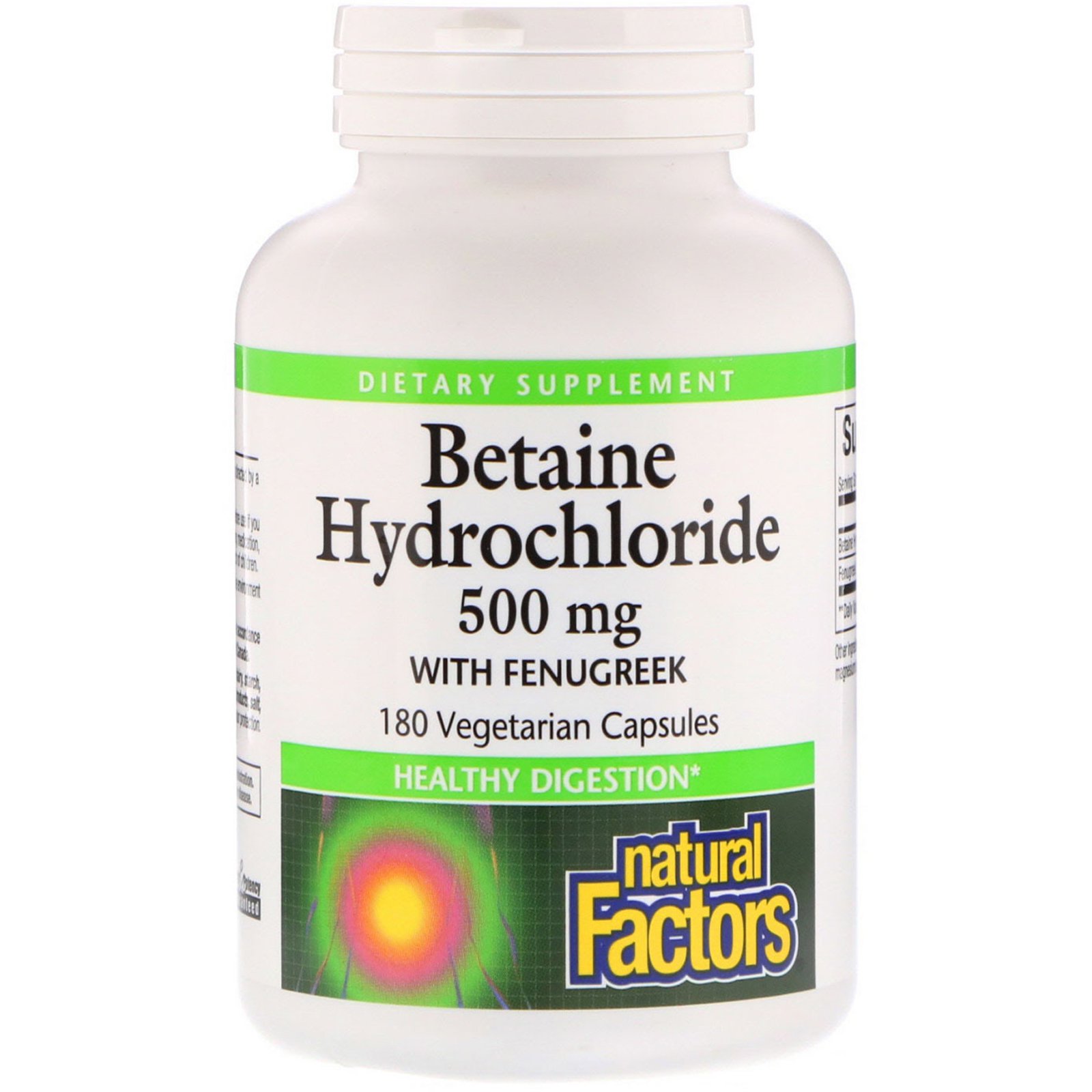 Natural Factors, Cloridrato de Betaína, com Feno-grego, 500 mg, 180 Cápsulas Vegetais