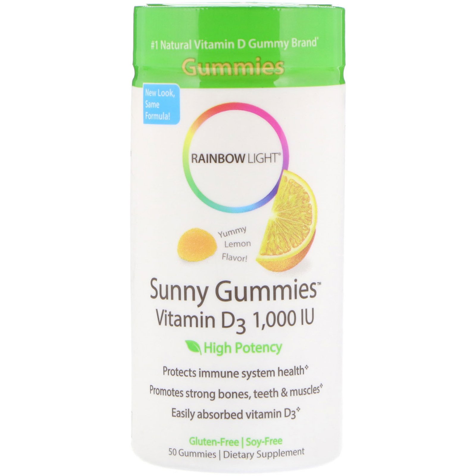 Rainbow Light, Jujubas redondas de vitamina D3, Limão saboroso, 1000 UI, 50 jujubas