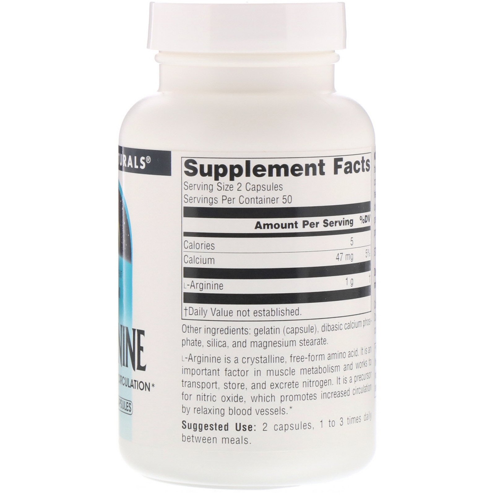 Source Naturals, L-arginina, Forma Livre, 500 mg, 100 Cápsulas - Imagem 2