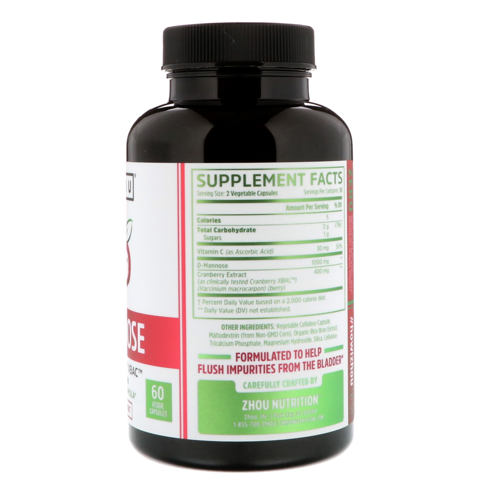 Zhou Nutrition, D-Mannose with Cranberry XBAC, 60 Veggie Capsules - Imagem 2