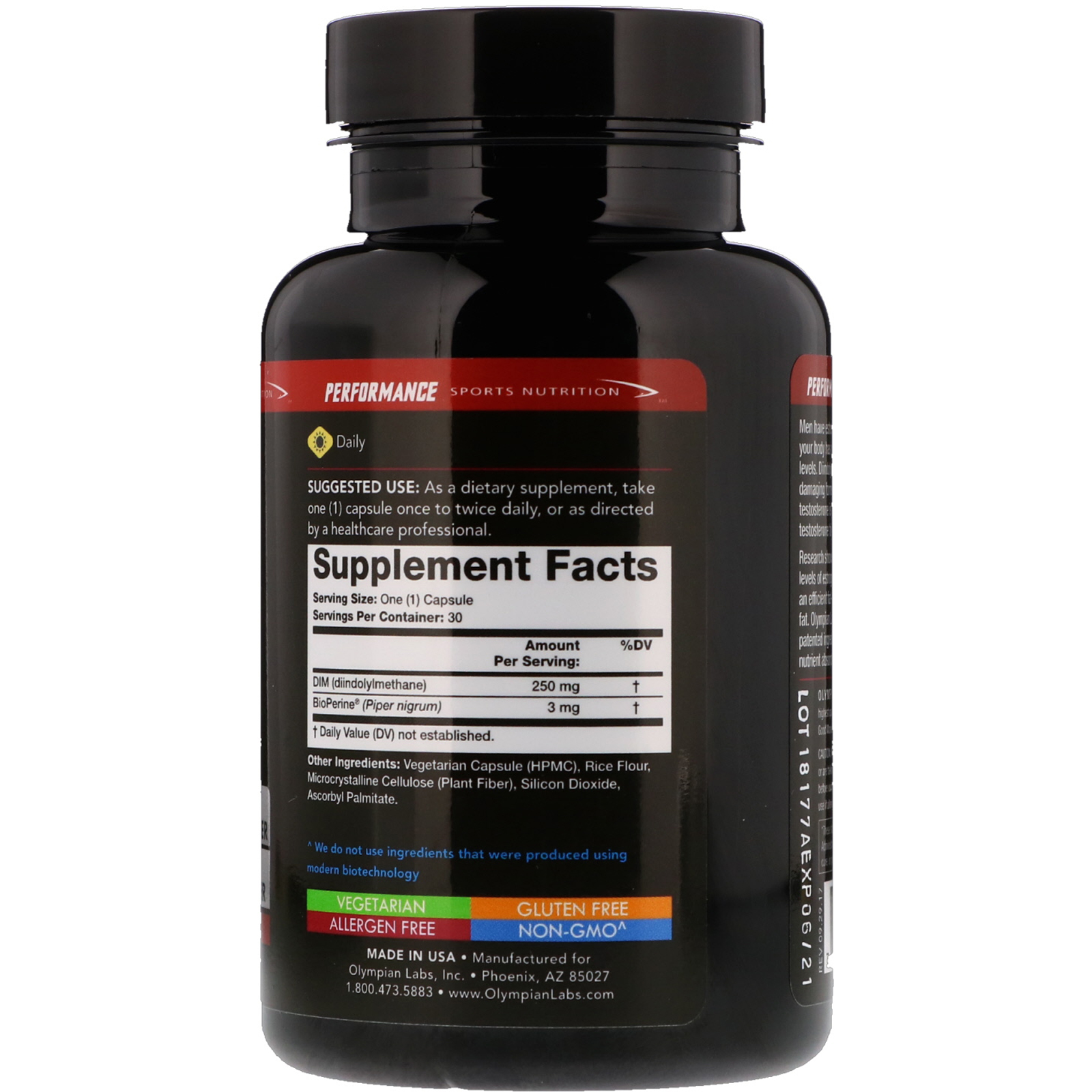 Olympian Labs, Performance Sports Nutrition, DIM, 250 mg, 30 Vegetarian Capsules - Imagem 2
