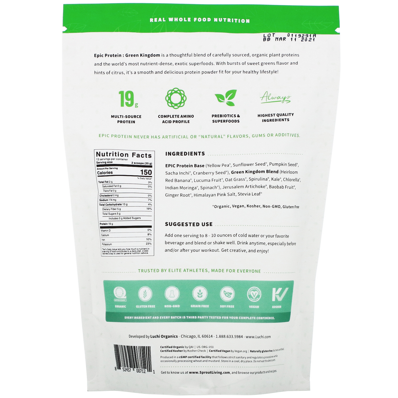 Sprout Living, Epic Protein, Organic Plant Protein + Superfoods, Green Kingdom, 16 oz (455 g) - Imagem 2