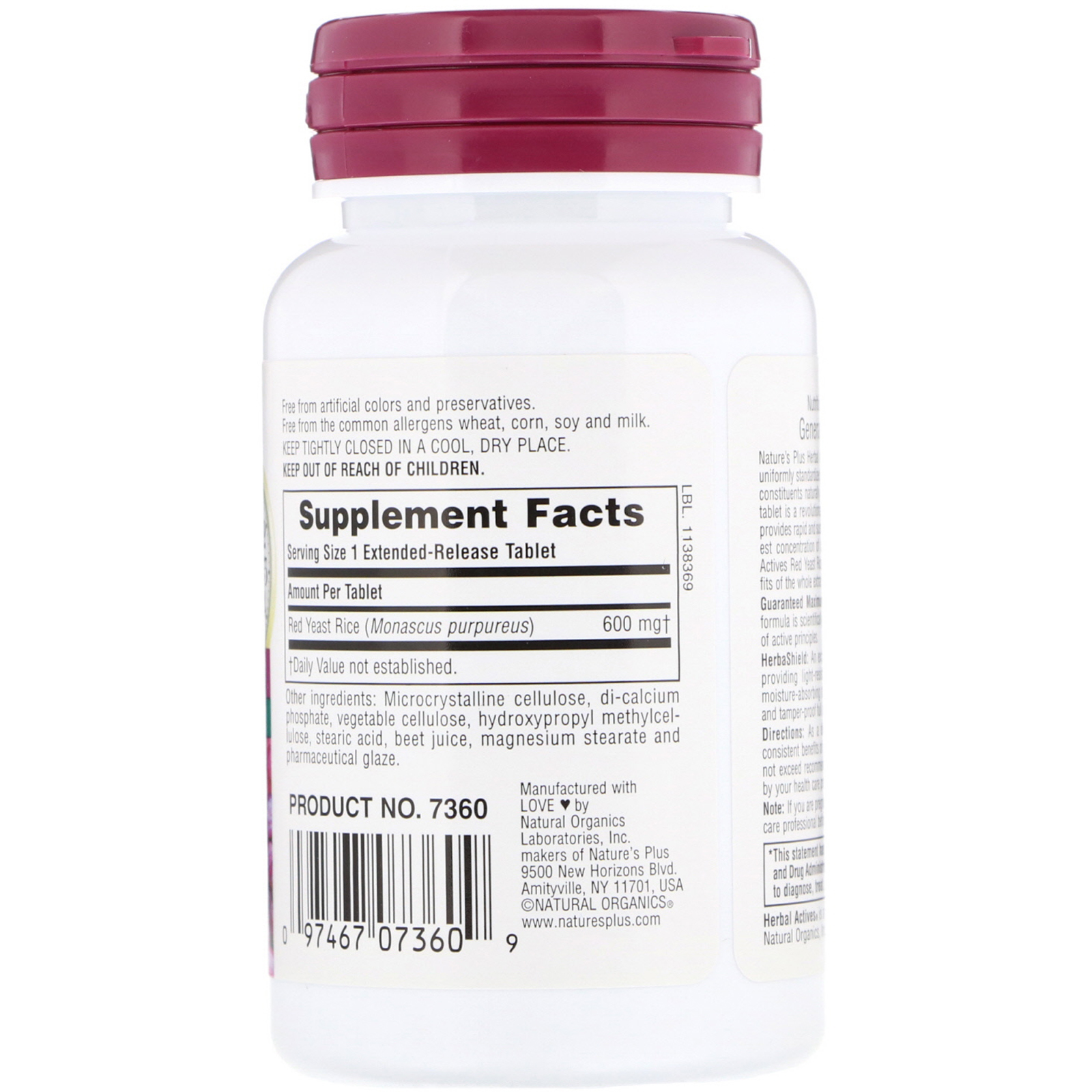 Nature's Plus, Ativos Herbais, Arroz Fermentado Vermelho, 600 mg, 30 Comprimidos - Imagem 2