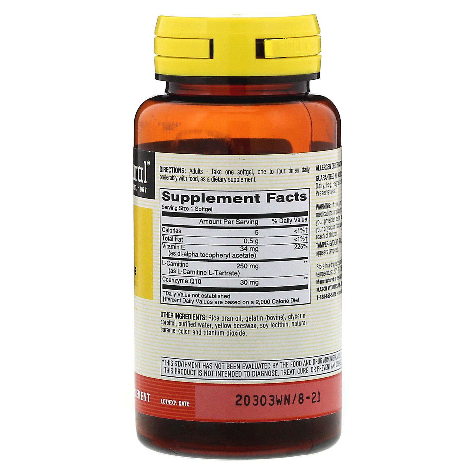 Mason Natural, CoQ10 com L-Carnitina, 60 Cápsulas Gelatinosas - Imagem 2