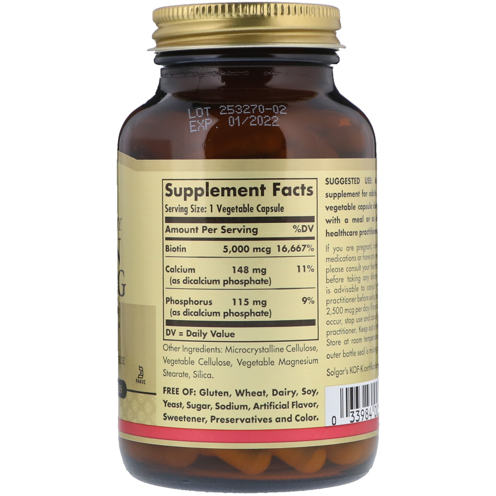 Solgar, Biotin, 5,000 mcg, 100 Vegetable Capsules - Imagem 2