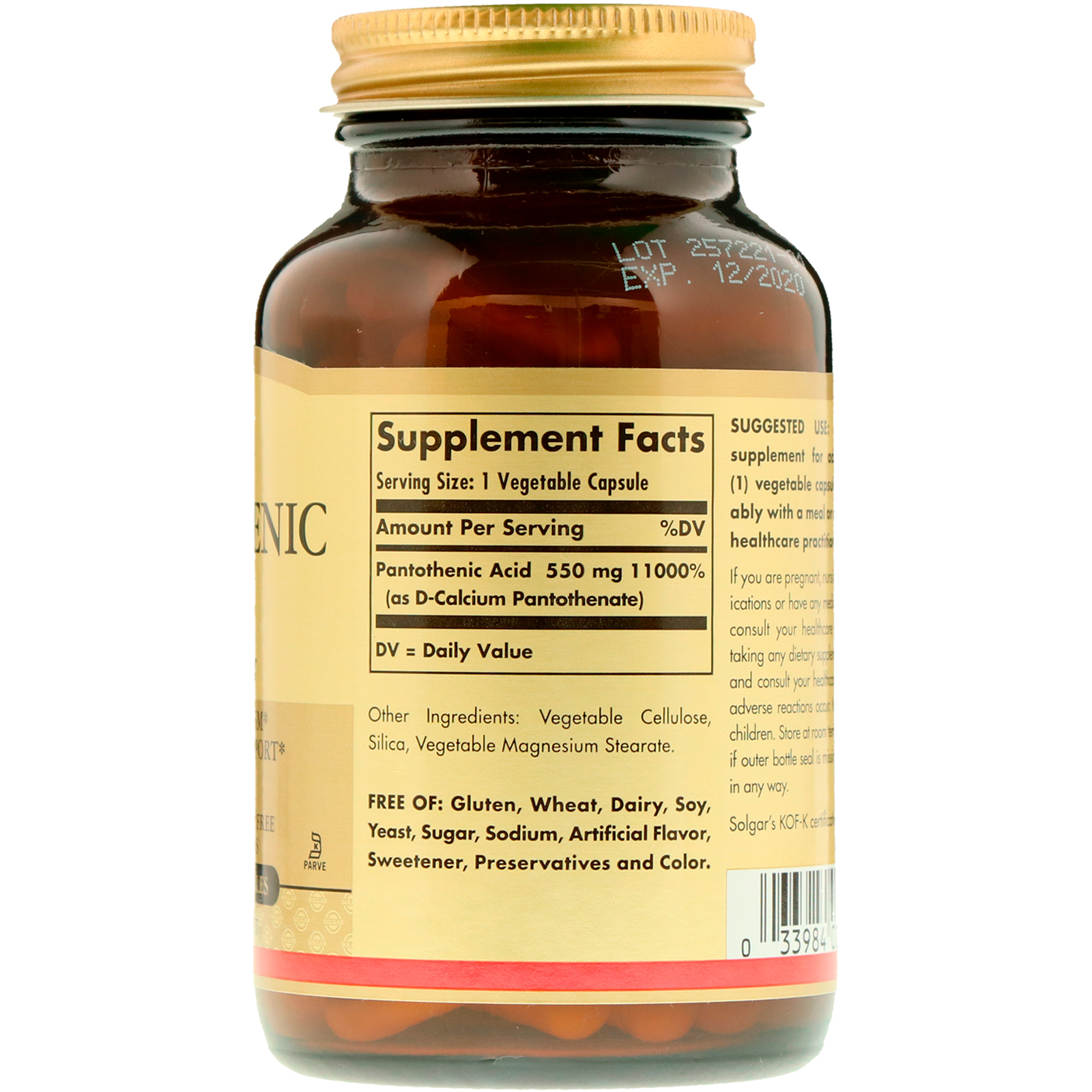 Solgar, Pantothenic Acid, 550 mg, 100 Vegetable Capsules - Imagem 2