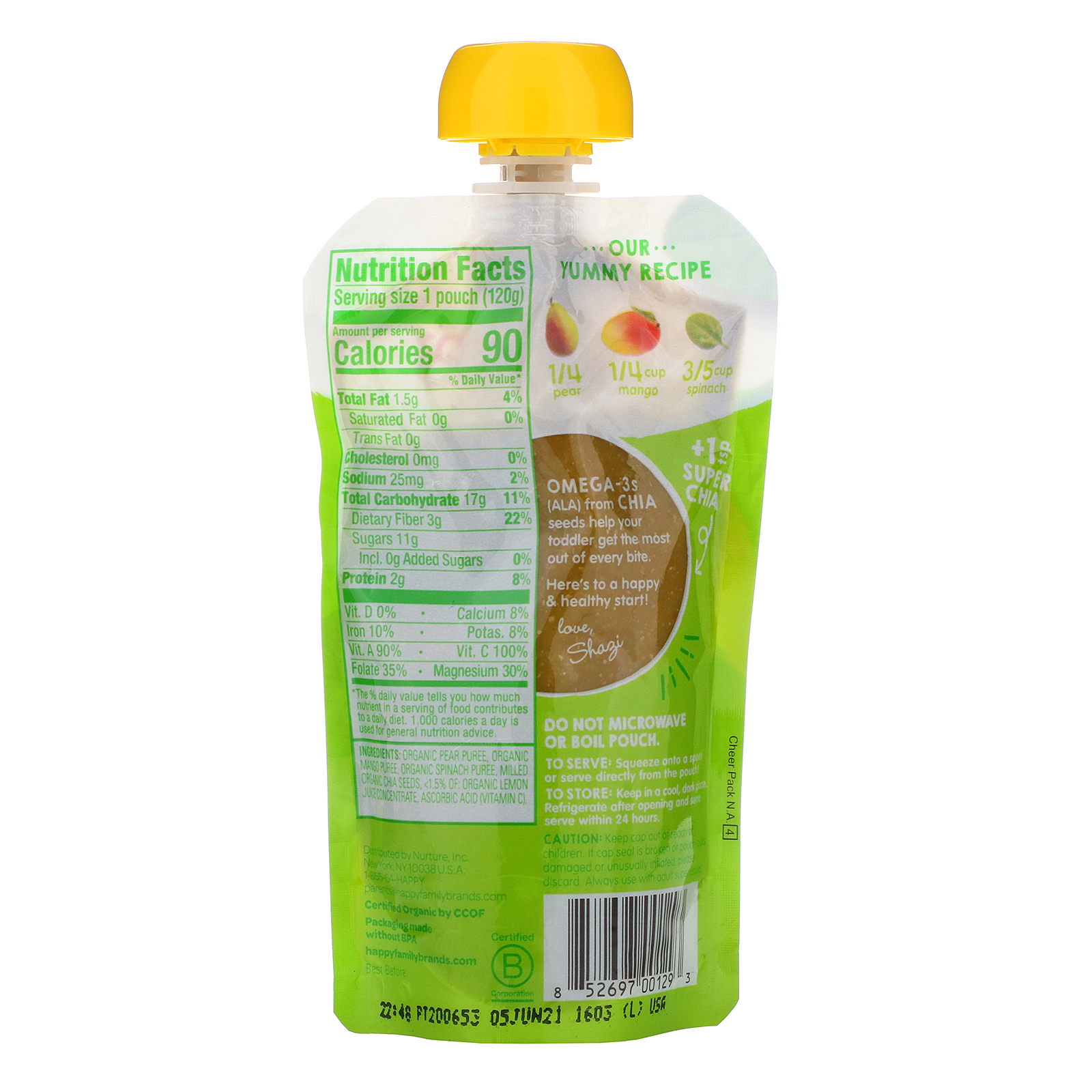 Happy Family Organics, Happytot, SuperFoods, Organic Pears, Mangos & Spinach + Super Chia, 4.22 oz (120 g) - Imagem 2