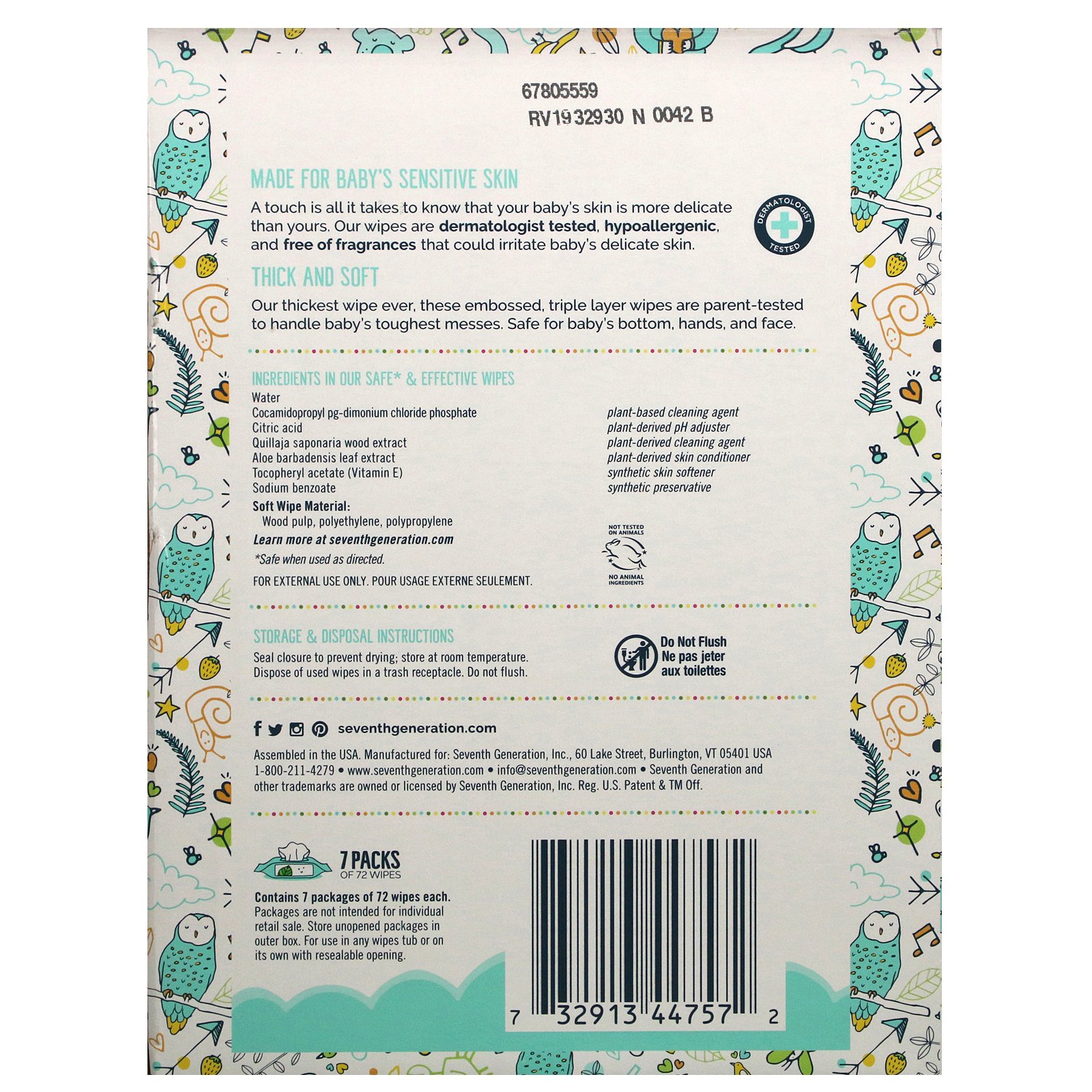 Seventh Generation, Baby Wipes, Free & Clear, 504 Wipes - Imagem 3