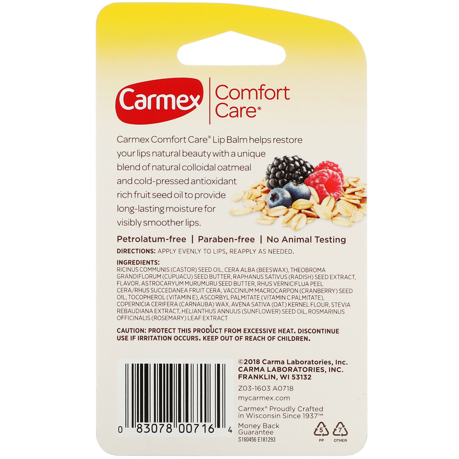 Carmex, Comfort Care, Bálsamo Labial de Aveia Coloidal, Mistura de Frutos Silvestres, 4,25 g (0,15 oz) - Imagem 3