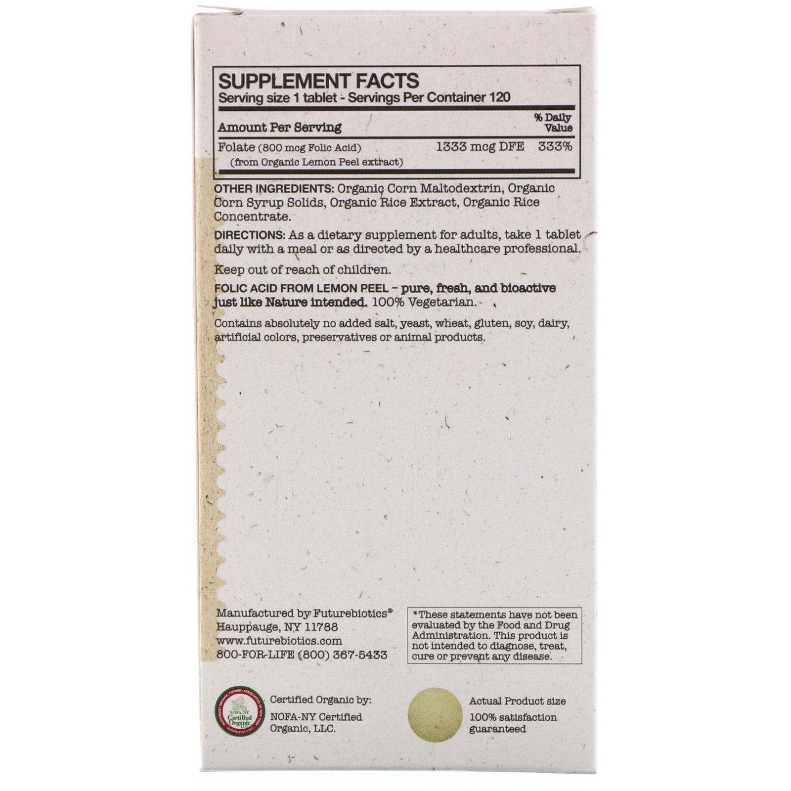FutureBiotics, Ácido Fólico de Casca de Limão, 800 mcg, 120 Comprimidos Orgânicos de Origem Vegetal - Imagem 2