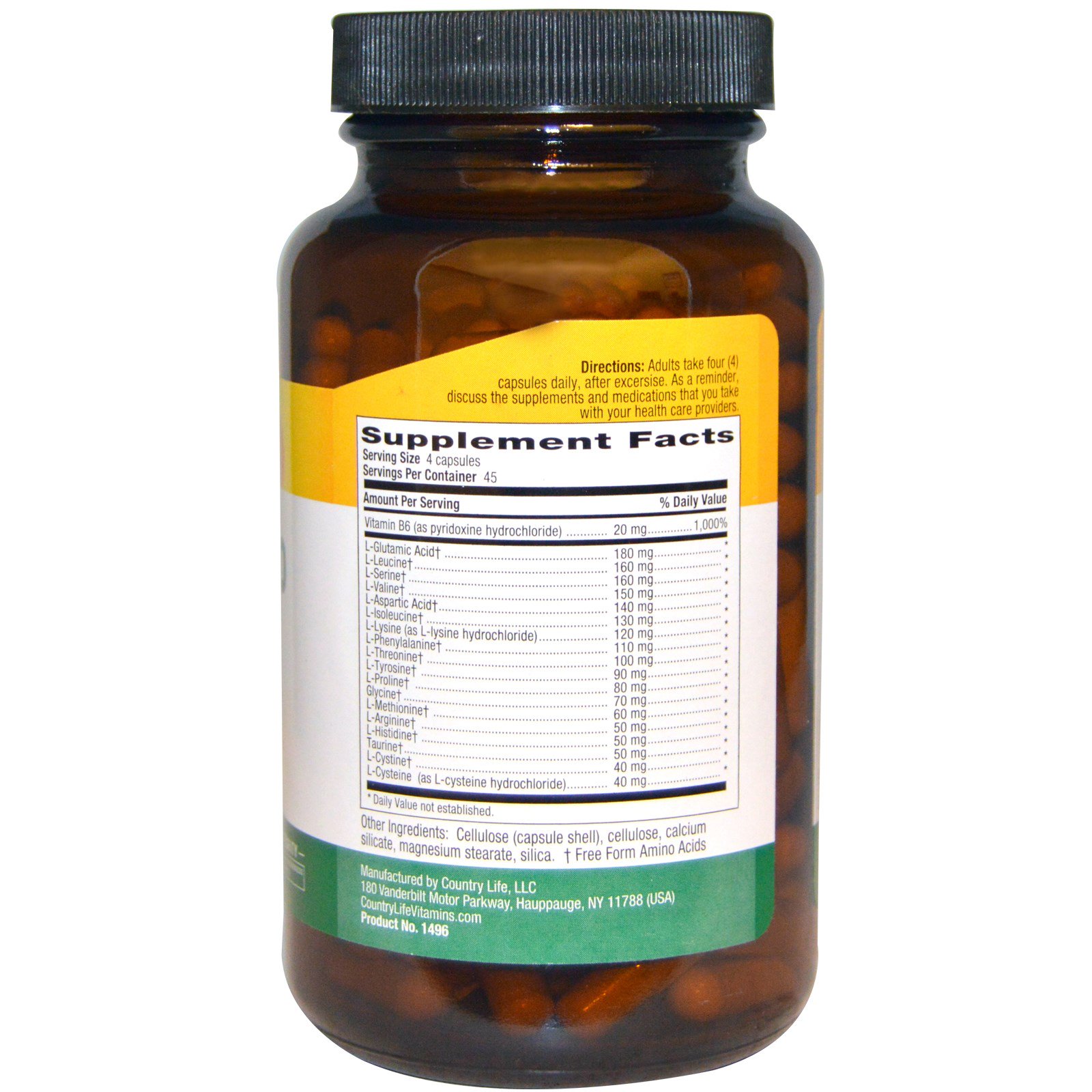 Country Life, Max-Amino Cápsulas, Com Vitamina B-6, 180 Cápsulas Vegetais - Imagem 2